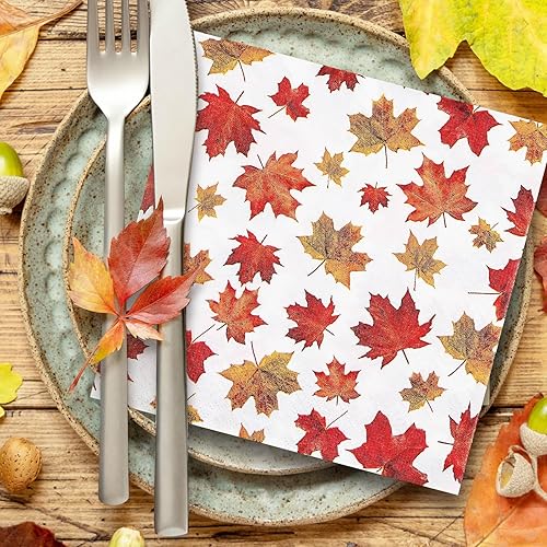 Miniatura 5 de Whaline Paquete de 80 servilletas de papel de Acción de Gracias de otoño de 6.5 x 6.5 pulgadas, servilletas desechables de hojas de arce,