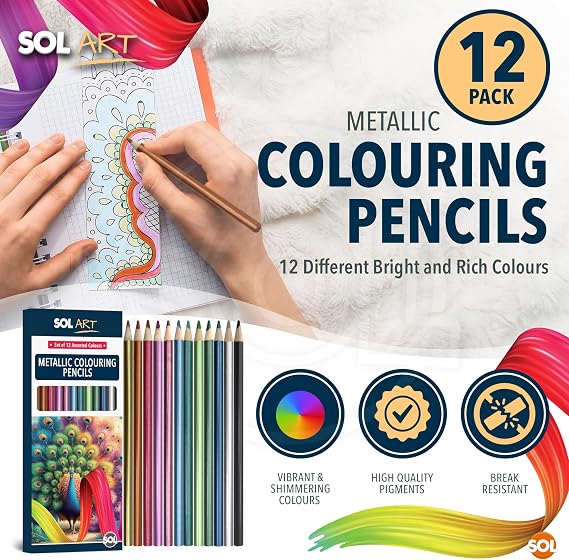 SOL 12pk Metallic Colouring Pencils for Adults - Assorted Colour Pencils