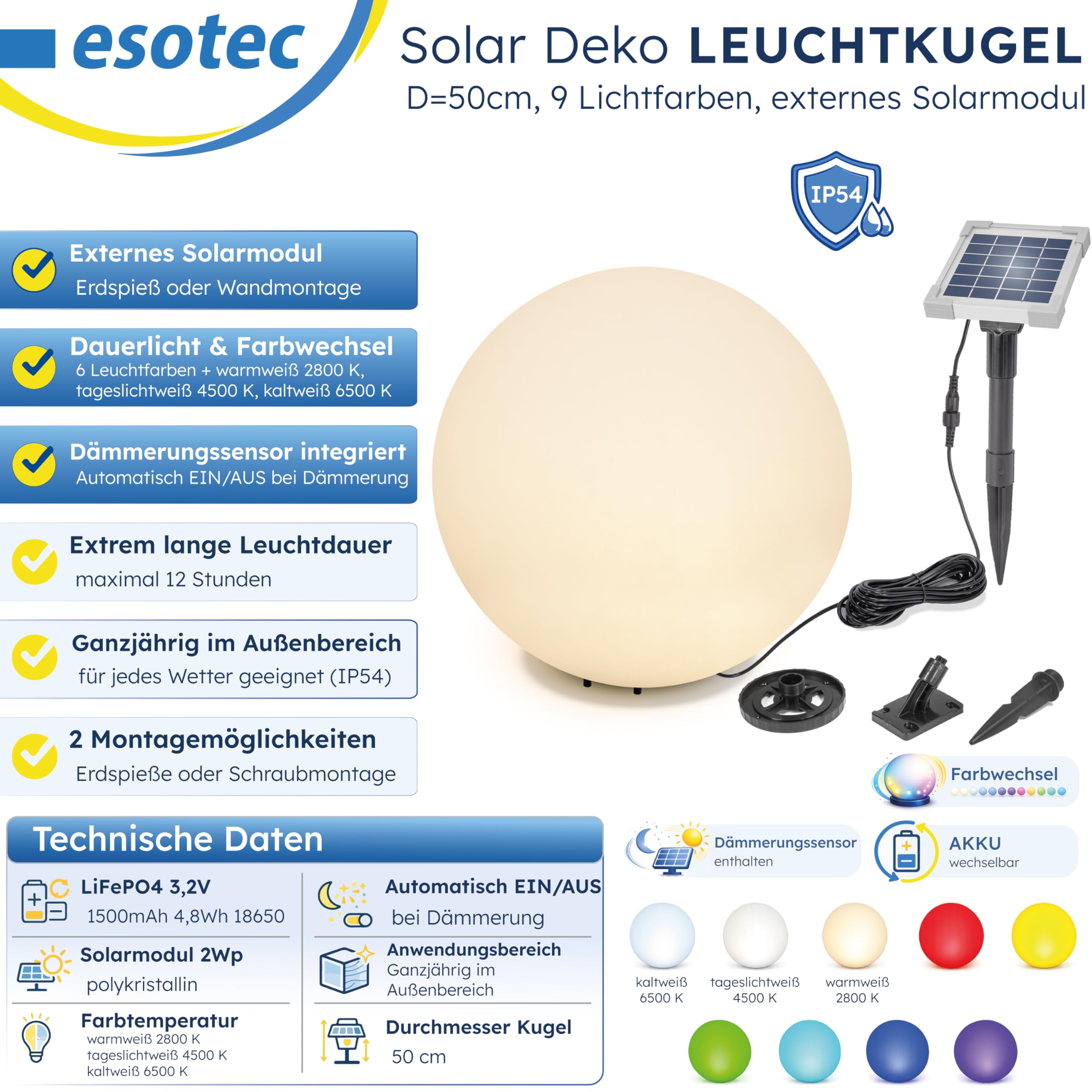Esotec Solar Deko-Leuchtkugel, 50cm, 9 Leuchtfarben, Dauer oder Wechsellicht, Akku, Solarmodul, Erdspieß, Solarmodul-Wandhalterung, Schraubbefestigung, Solarkugel, winterfest 106112