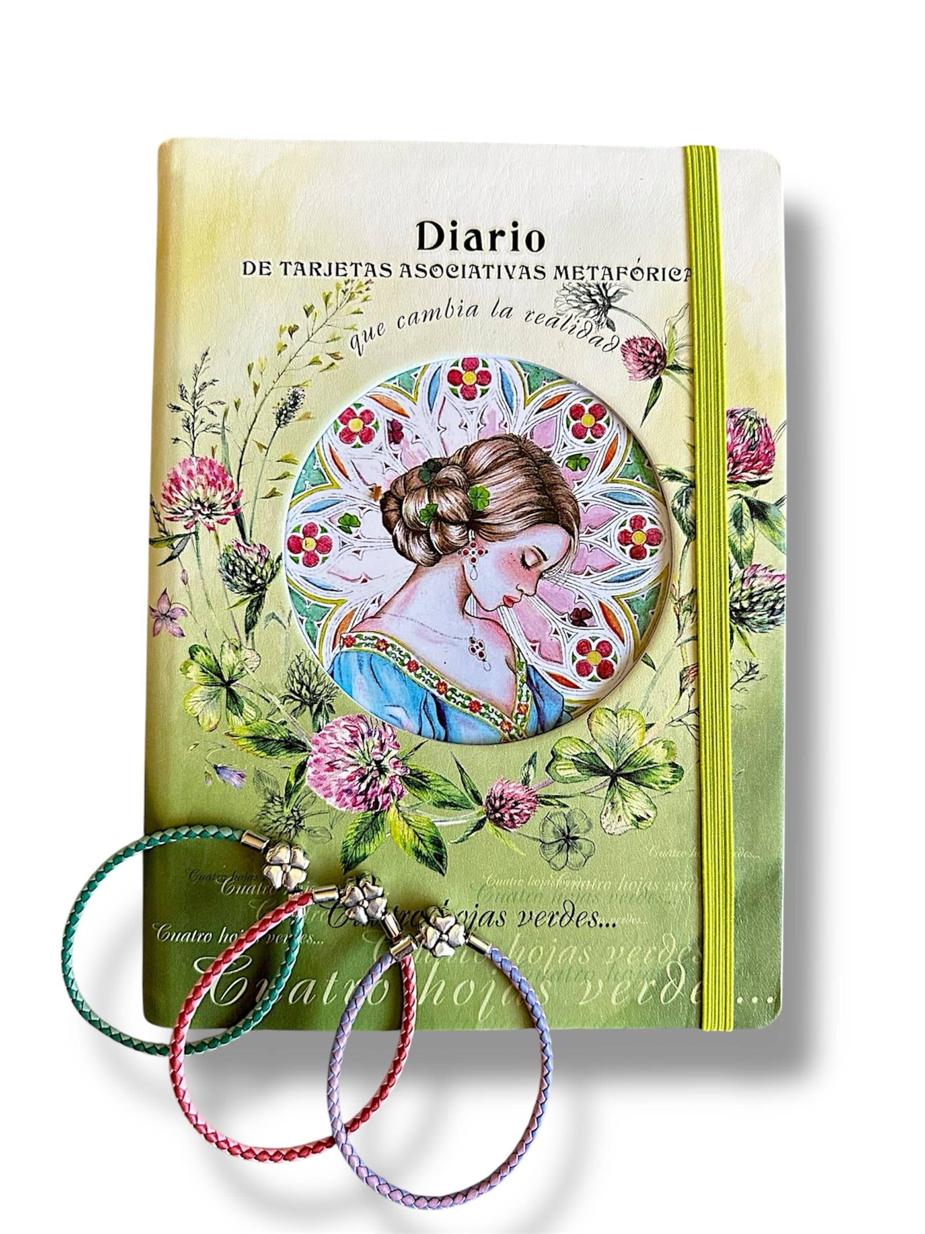 Transformational Diary of Metaphorical Cards “Transformation of Reality: Four Green Leaves” – Self-Discovery Journal with 28 Art Therapy Cards & Clover Charm Bracelet.Spanish version