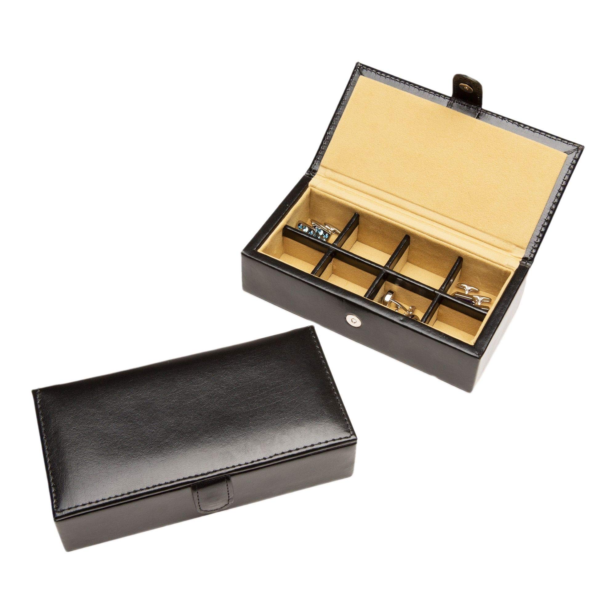 Cuff-Daddy Leather Travel Cufflinks and Rings Storage Box Case for 8 Pairs - Cufflinks Holder Display Jewelry Case - 6 1/4" x 1" x 3" - Storage Cuff Links Jewelry Box with White Outerbox