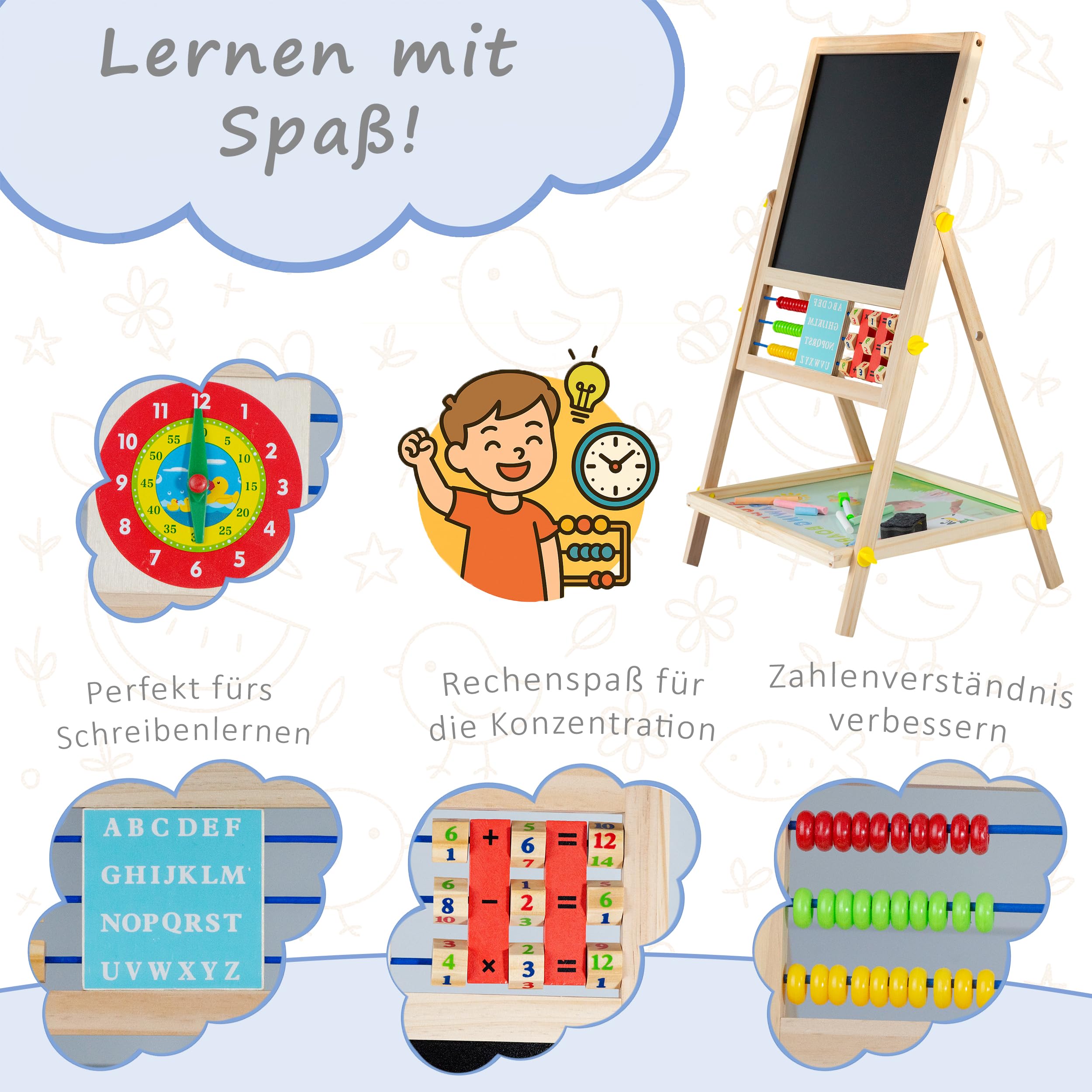 Montessori Board - Holztafel 6 in 1 – Magnetkreide Tafel für Kinder, Doppelseitig, Höhenverstellbar, Kreativitätsfördernd, Ideal für Lernen, Malen & Zählen, 1-6 Jahre