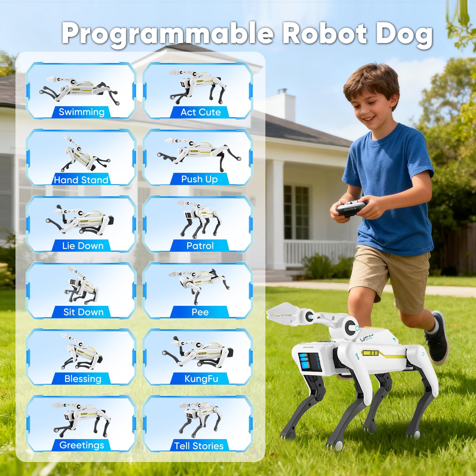 Robot Chien Jouet télécommandé,Chien Robot avec Pince à Manches Longues,Chien Robot Musical Parlant et interactif, programmable et Dansant, Cadeaux pour garçons Filles 3+ Ans