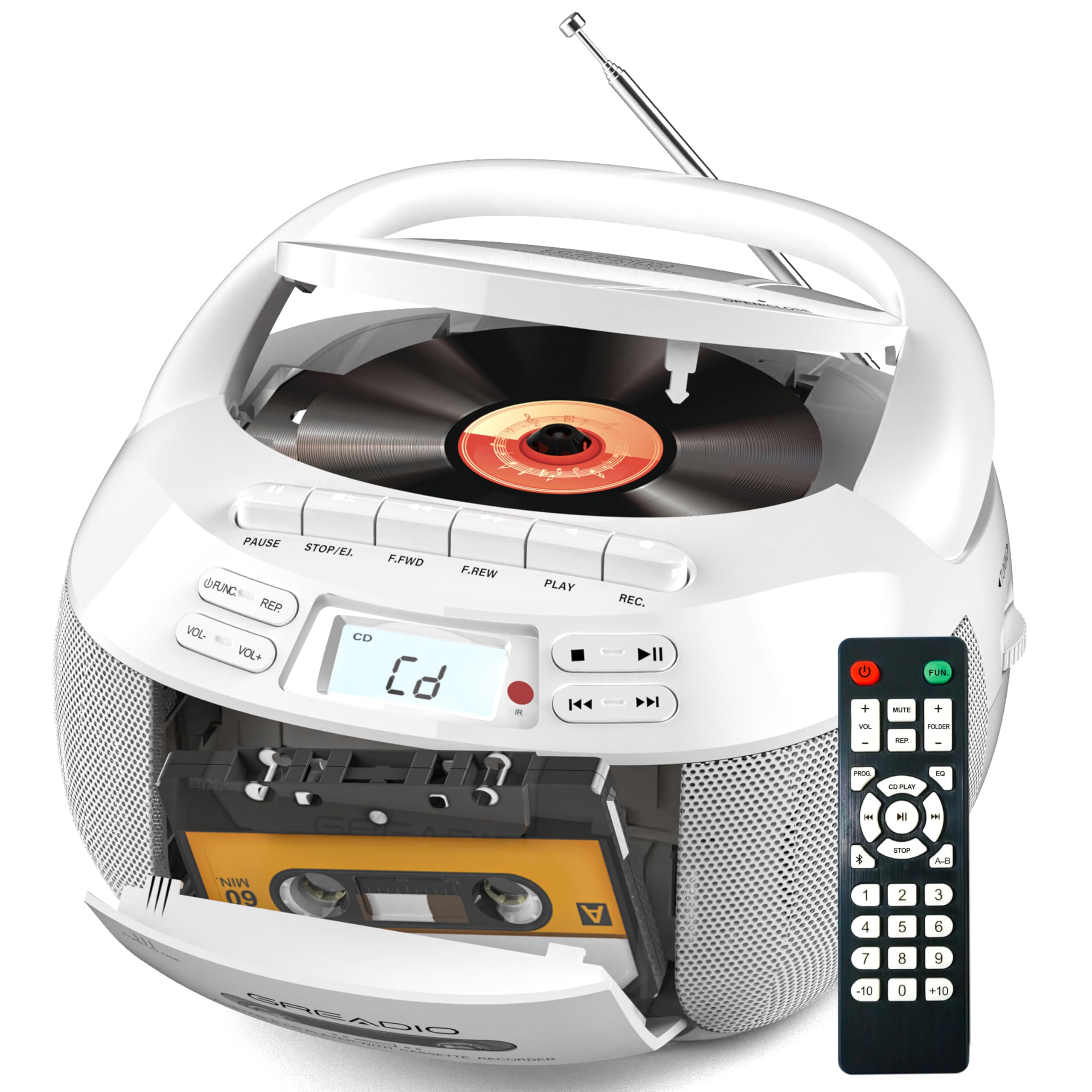 Greadio Tragbarer CD Player, Boombox Kassettenspieler mit Bluetooth, FM Radio mit Fernbedienung, AUX-/USB-Wiedergabe, Kassettenrekorder, AC-Kabel/Batteriebetrieb, LCD-Bildschirm für Kinder (White)