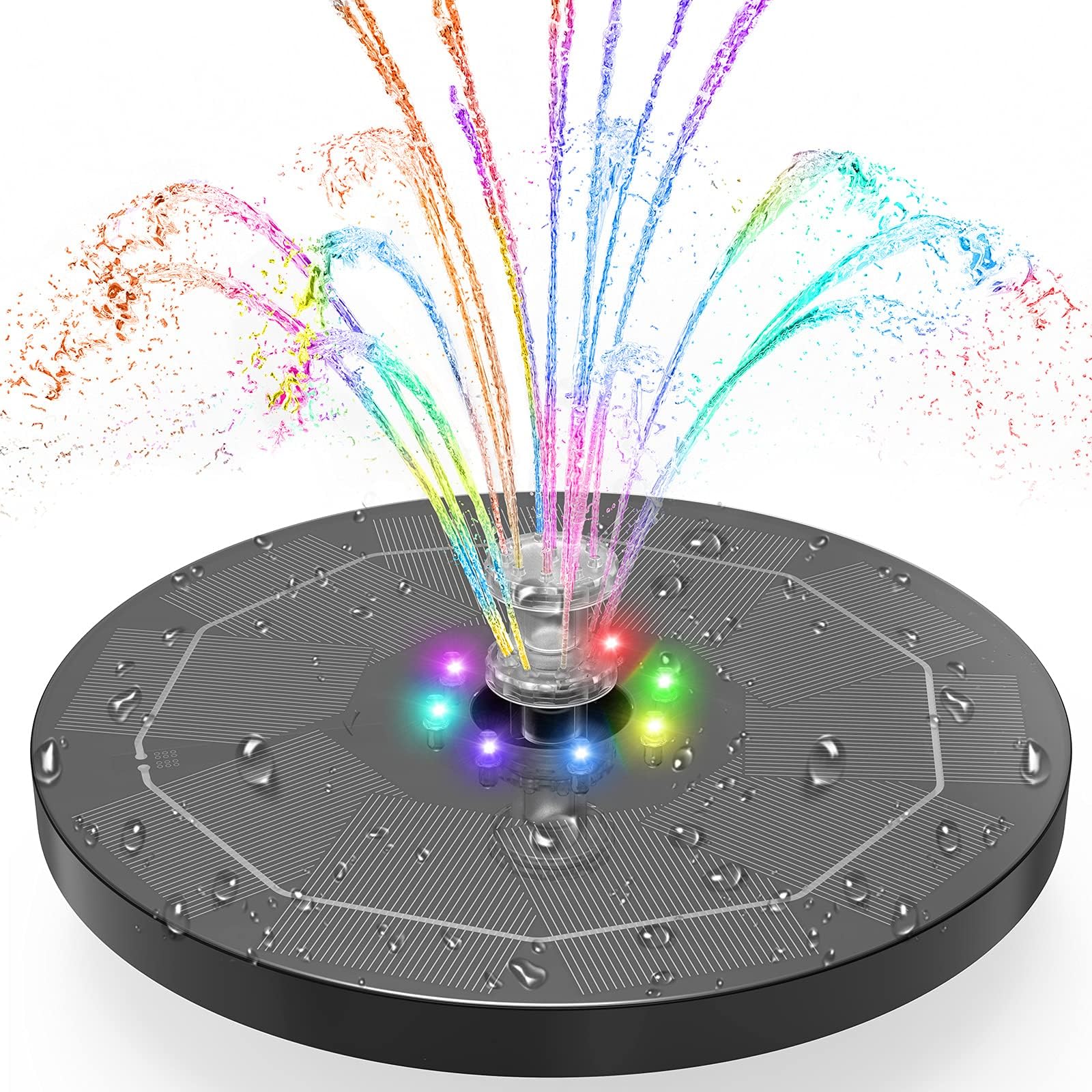AISITIN 5.5W Solar Fountain Pump with LED Lights, Solar Powered Water Fountain Pump with 3000mAh Battery and 7 Double Sprayer Nozzles Floating Pool Fountain for Bird Bath, Garden, Pond, Pool, Outdoor