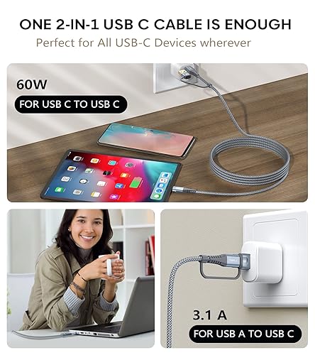 Miniatura 4 de Cable USB C a USB C 2 unidades, 6.6 pies PD 60W iPhone 15 cargador 2 en 1 USB tipo AC a tipo C cable trenzado de nailon para iPhone 15 Plus 15 Pro