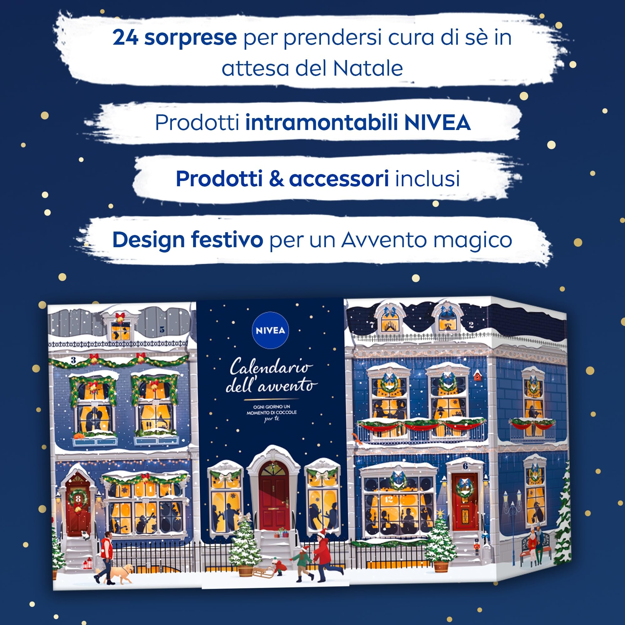 NIVEA Calendario dell'Avvento 2025 per 24 momenti di coccole, Calendario Avvento donna e ragazza festivo ed elegante, Calendario Avvento beauty con prodotti e accessori selezionati NIVEA e Labello