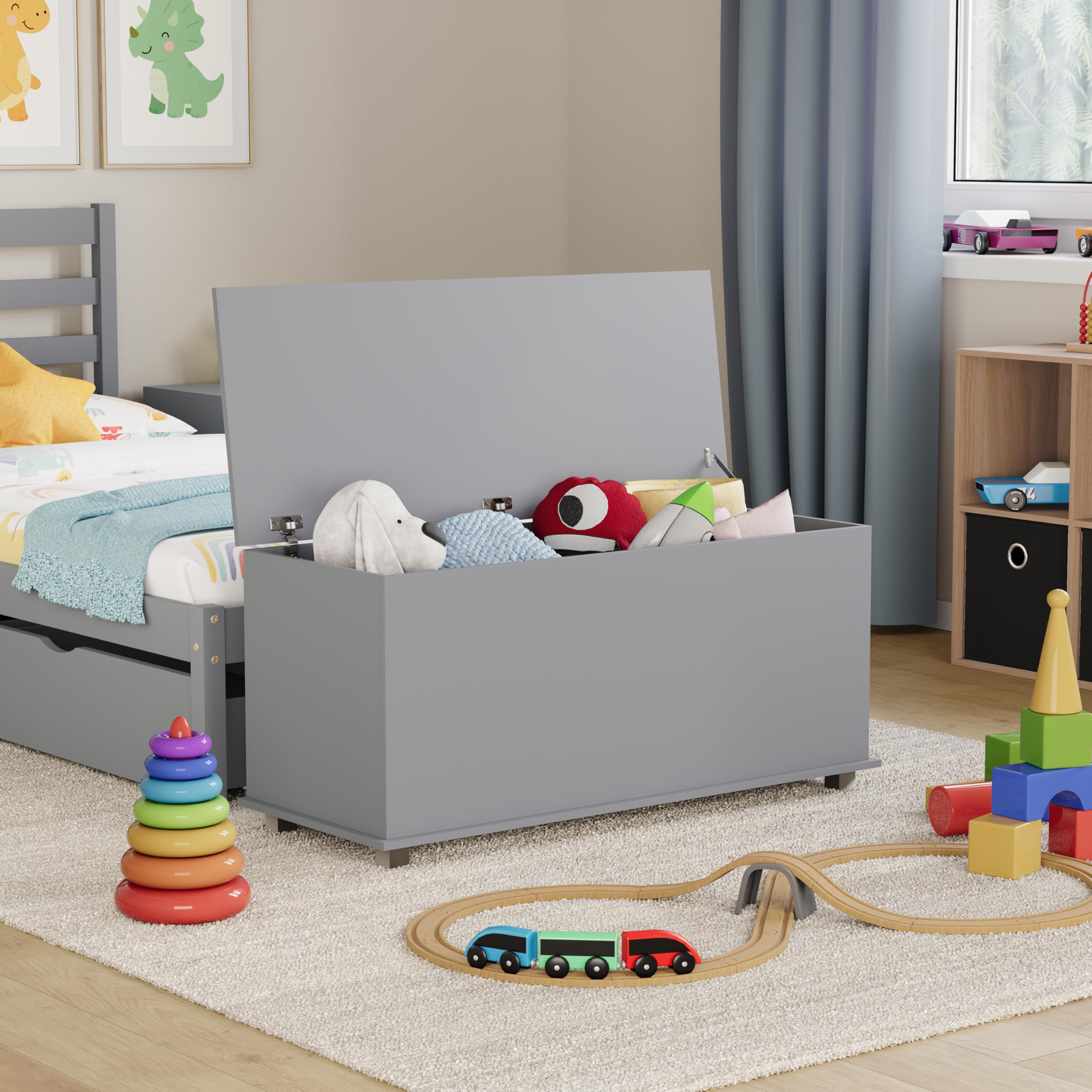Vida Designs Leon - Caja de juguetes de madera para niños con tapa, fundas y mantas, contenedor ordenado para niños (gris)