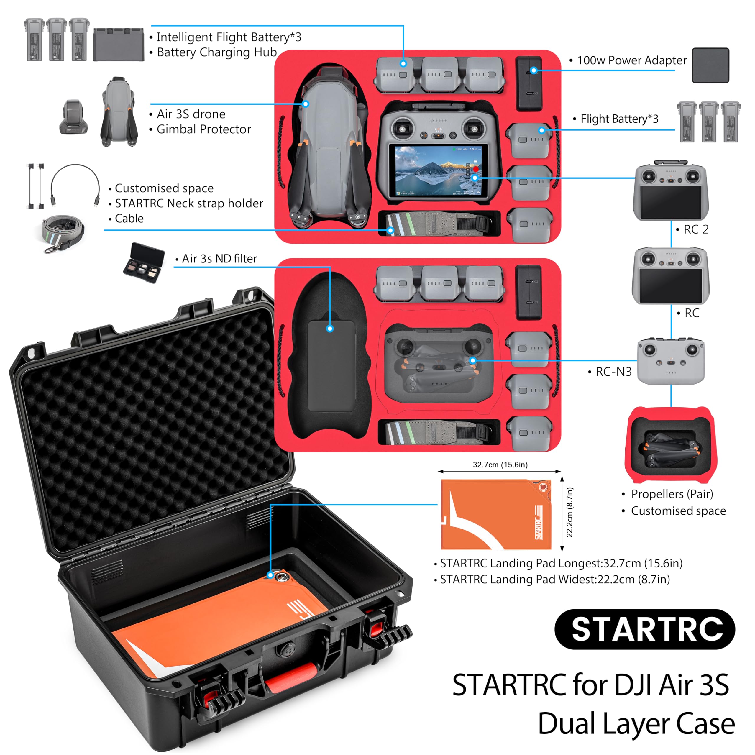STARTRC Custodia Air 3S a doppio strato, custodia rigida impermeabile Air 3S Fly More Combo, Controller RC 2/RC/RC-N3/N2 per DJI Air 3S Accessori, batteria e hub di ricarica