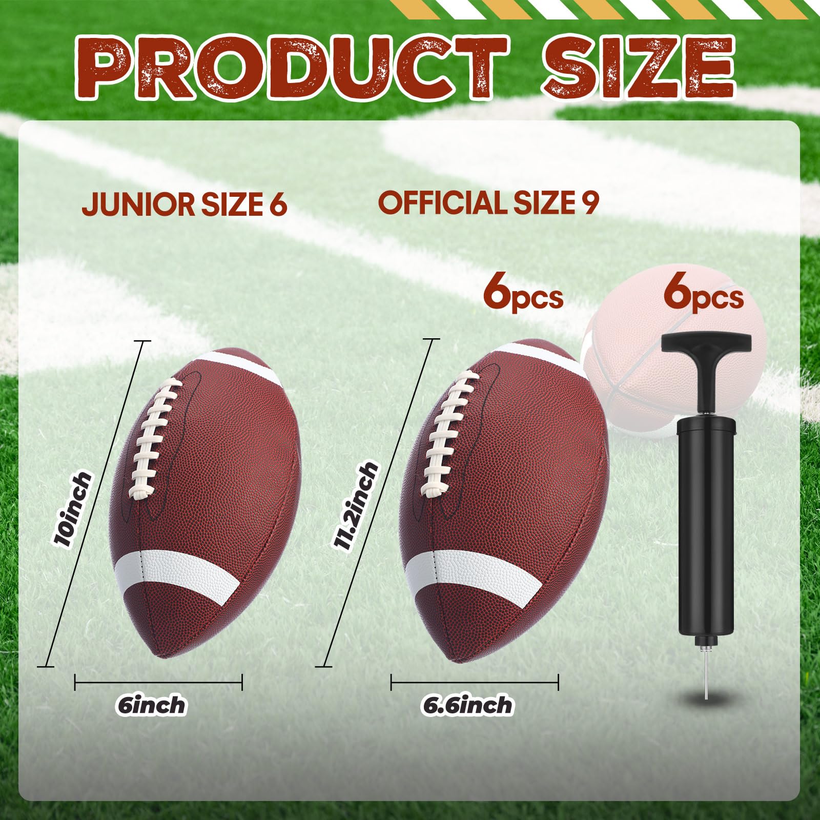 RoundFunny 6 balones de fútbol para jóvenes con 6 bombas de cuero compuesto para niños, jóvenes, adultos, equipo universitario, entrenamiento de escuela secundaria, práctica en interiores y exteriores