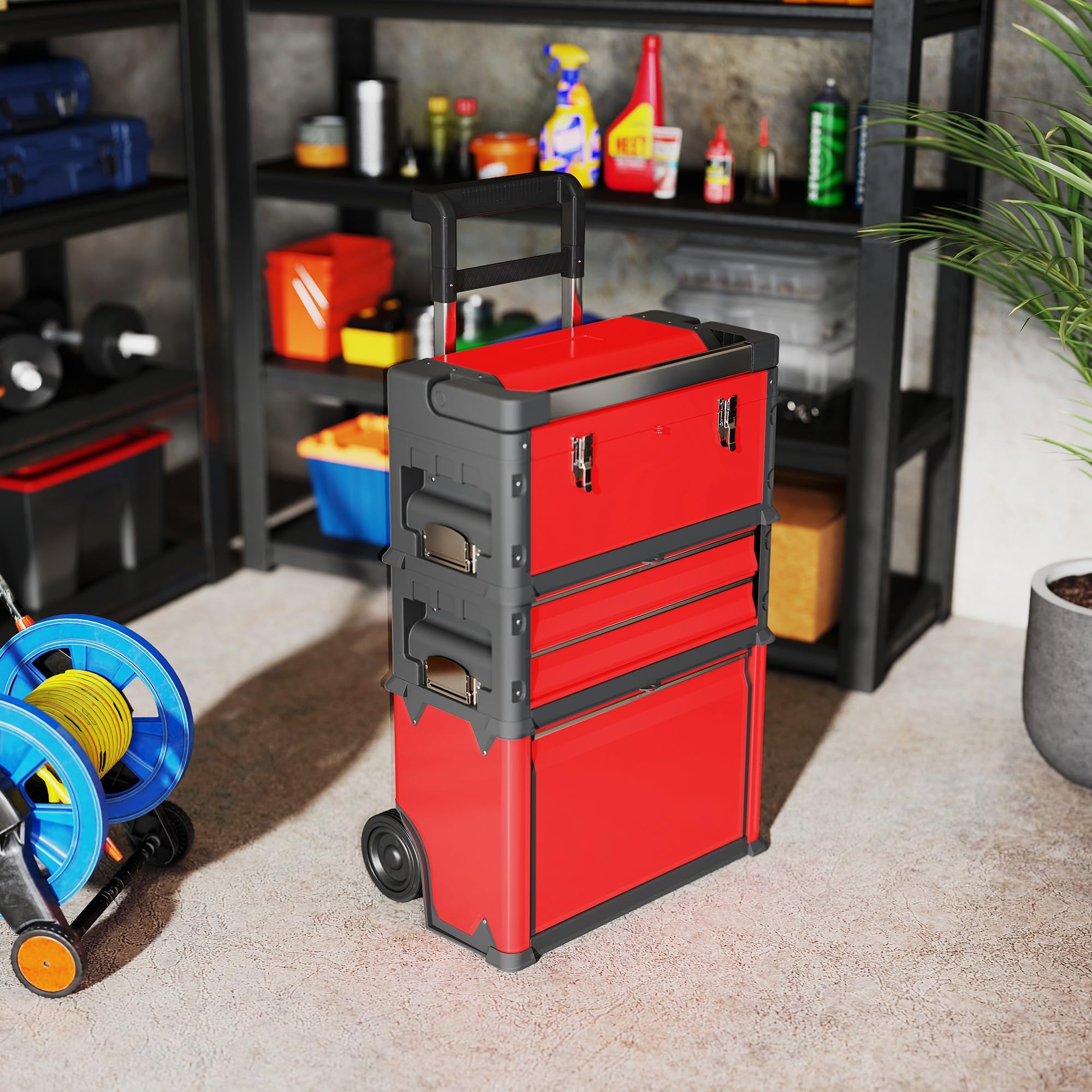 HOMCOM Carro de taller con maletín de herramientas vacío con 3 unidades modulares, carro para almacenamiento de herramientas, caja de herramientas con asa, acero, color rojo