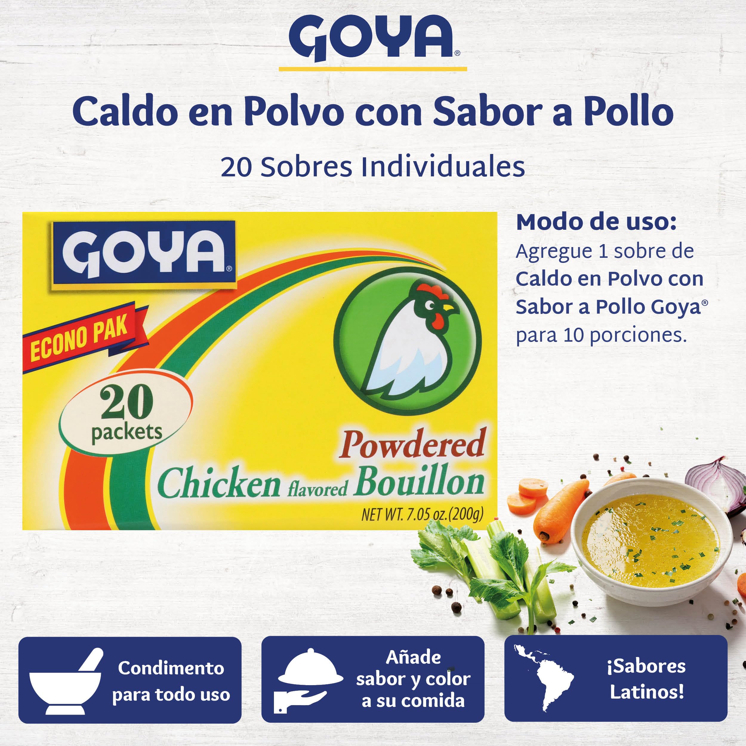 Goya Chicken Bouillon Powder Packets, 7.05 oz (2-Pack), Instant Broth and Seasoning for Soups, Stews, Rice, and Gravy, Bold, Latin-Inspired Flavor