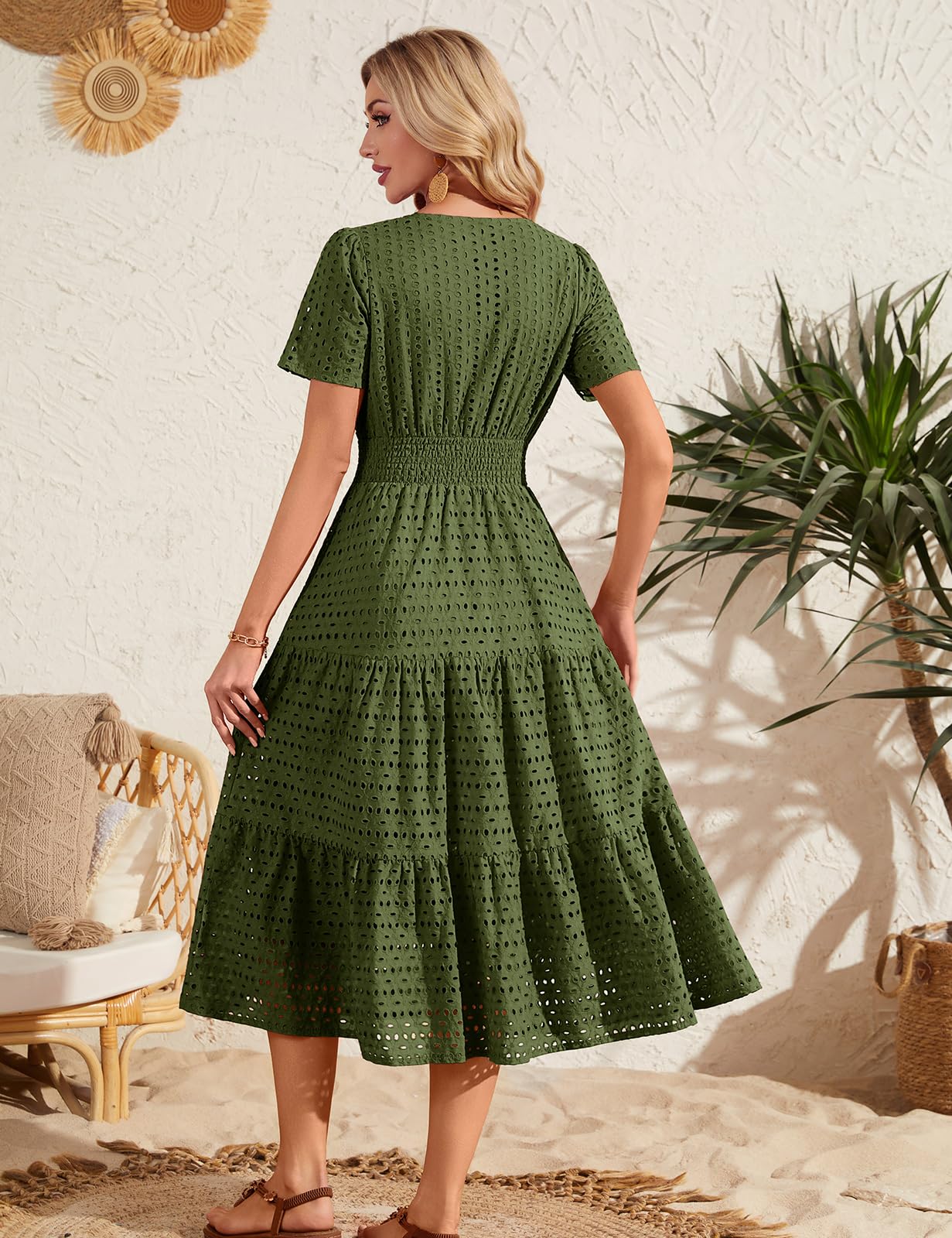 heekpek Robe Ete Femme Longue Coton Boheme Chic Robe à Col en V Taille Haute Crochet Dentelle Ligne A Manches Courtes Robes de Plag