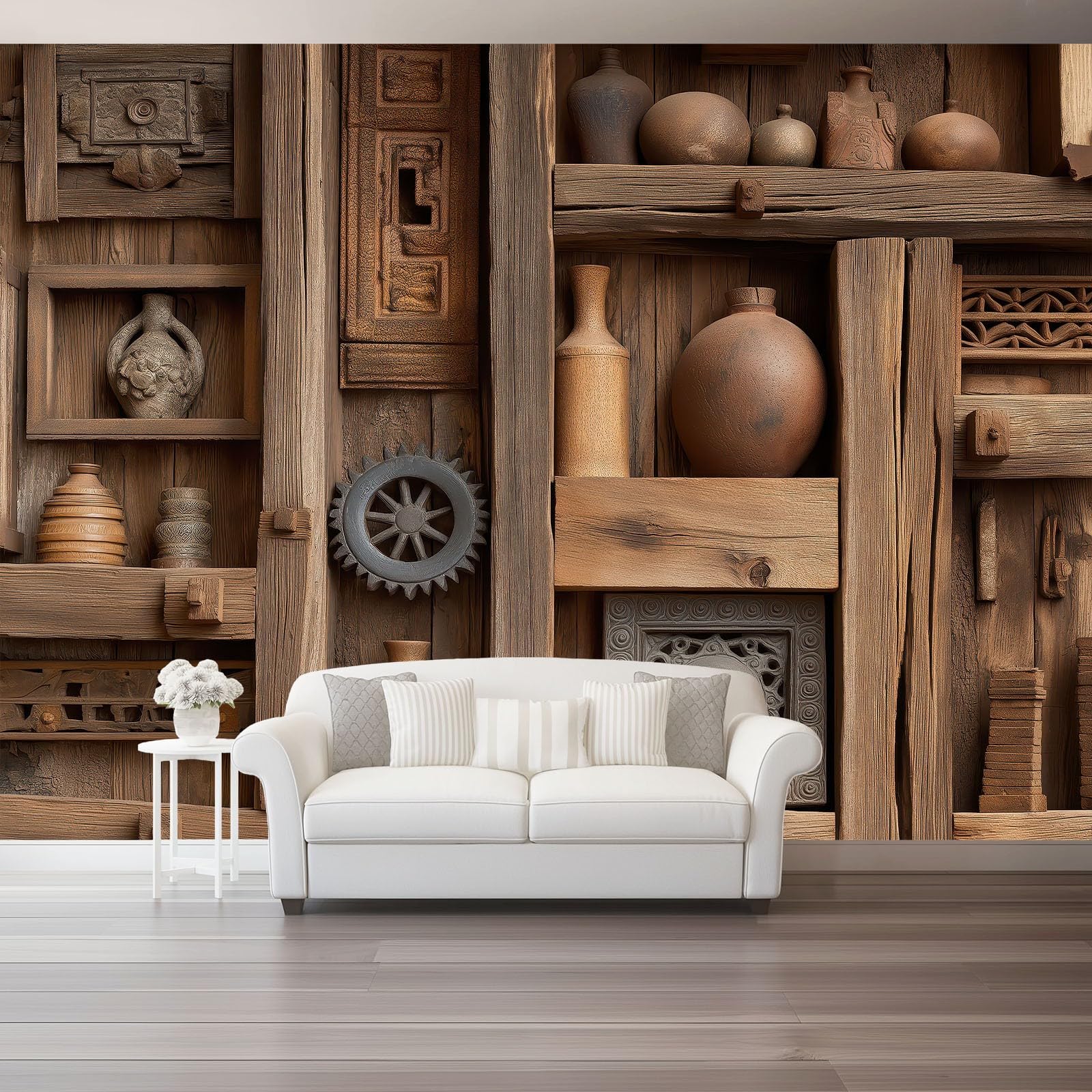 Drewniana ściana ceramiczna regał koło zębate wzór dekoracja tapeta z