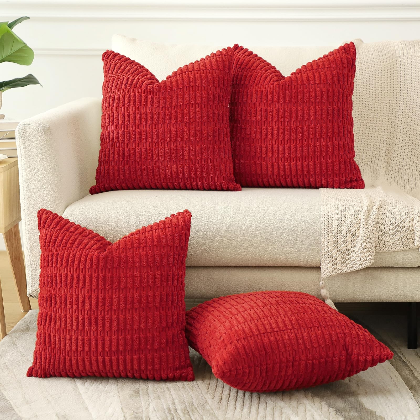 Sungeek Set of 4 Soft Corduroy Decorative Cushion Covers 55x55cm Square Striped Throw Pillow Covers 22x22 Inch for Sofa Couch Living Room Patio Farmhouse Boho Home Decor Pillowcases (Red) - Image 3