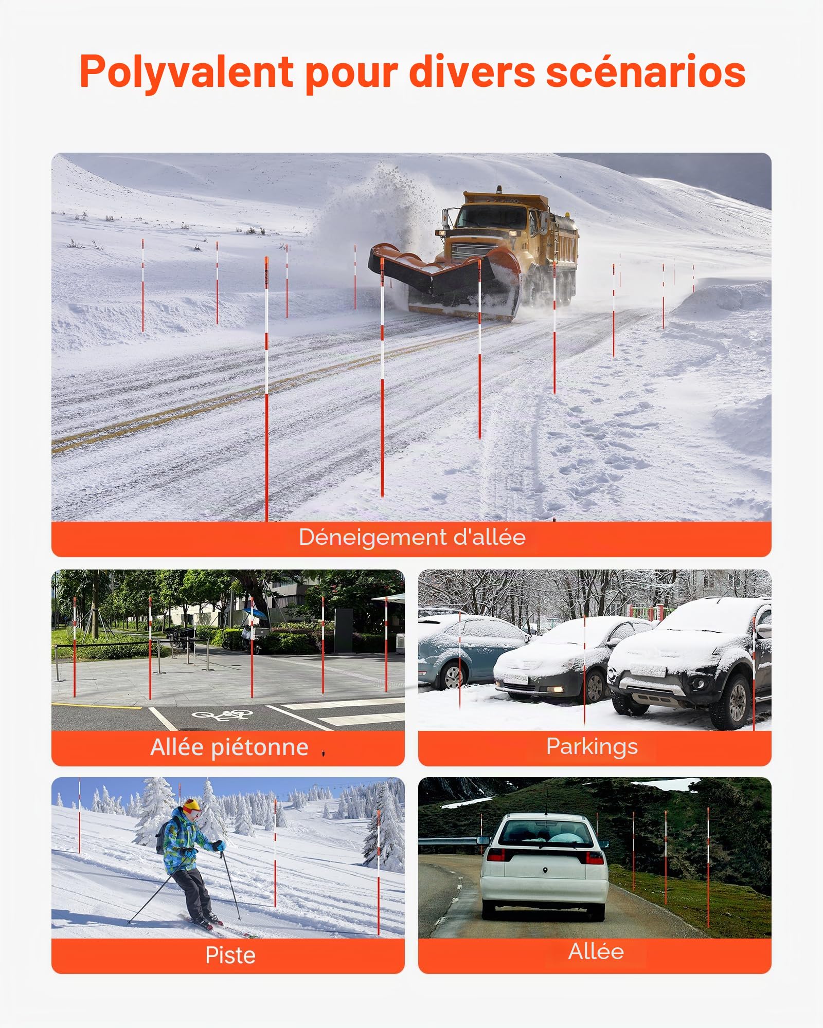 VEVOR Marqueurs d'Allée Lot de 100 Piquets à Neige 10x1829 mm Fibre de Verre Réflecteurs Grande Visibilité Bande Réfléchissante, avec Foret en Acier 30 cm, Gants de Protection, pour Parkings, Allées