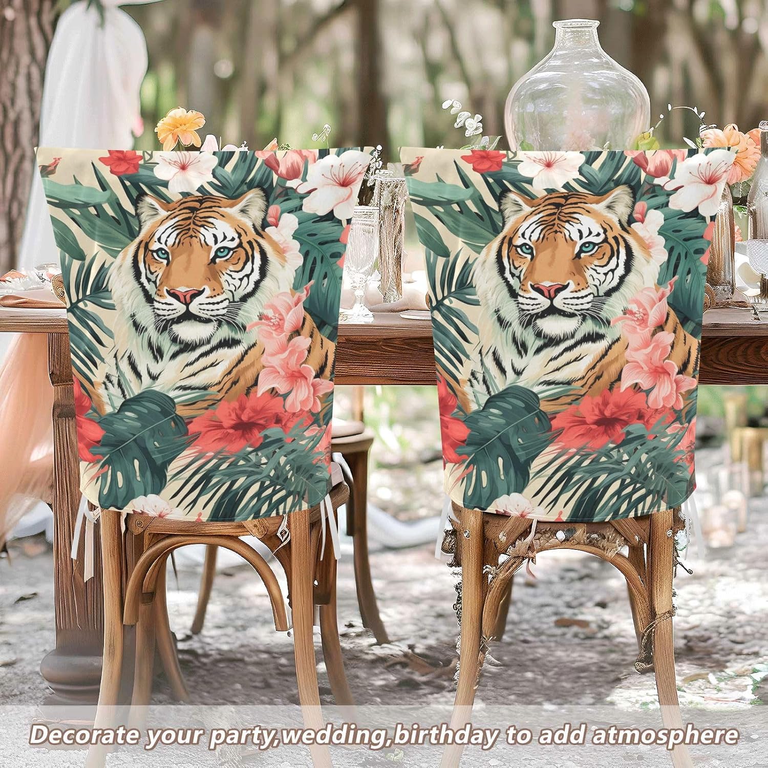 ALAZA Tiger and Flowers Chair Back Cover Set of 6, Washable Reusable Removable Chair Slipcovers Decorative Chair Cover for Home Kitchen Wedding Party