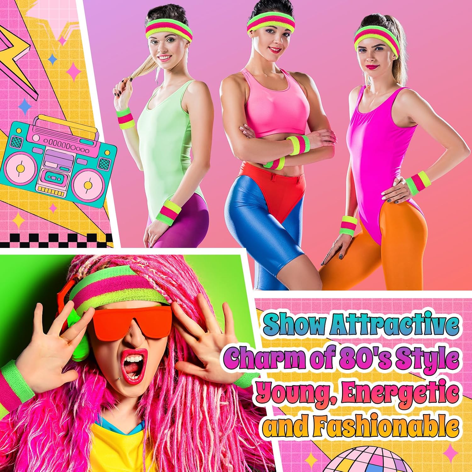 Knitgrip 3 Pack Neon Sweatbands Set 80s Wristband and Headband Color War Accessories Sports Sweatbands for Summer Ball Party
