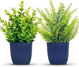 Der Rose Fake Plants 2 Pack Small Artificial Plants in Blue Pots Faux Pl...