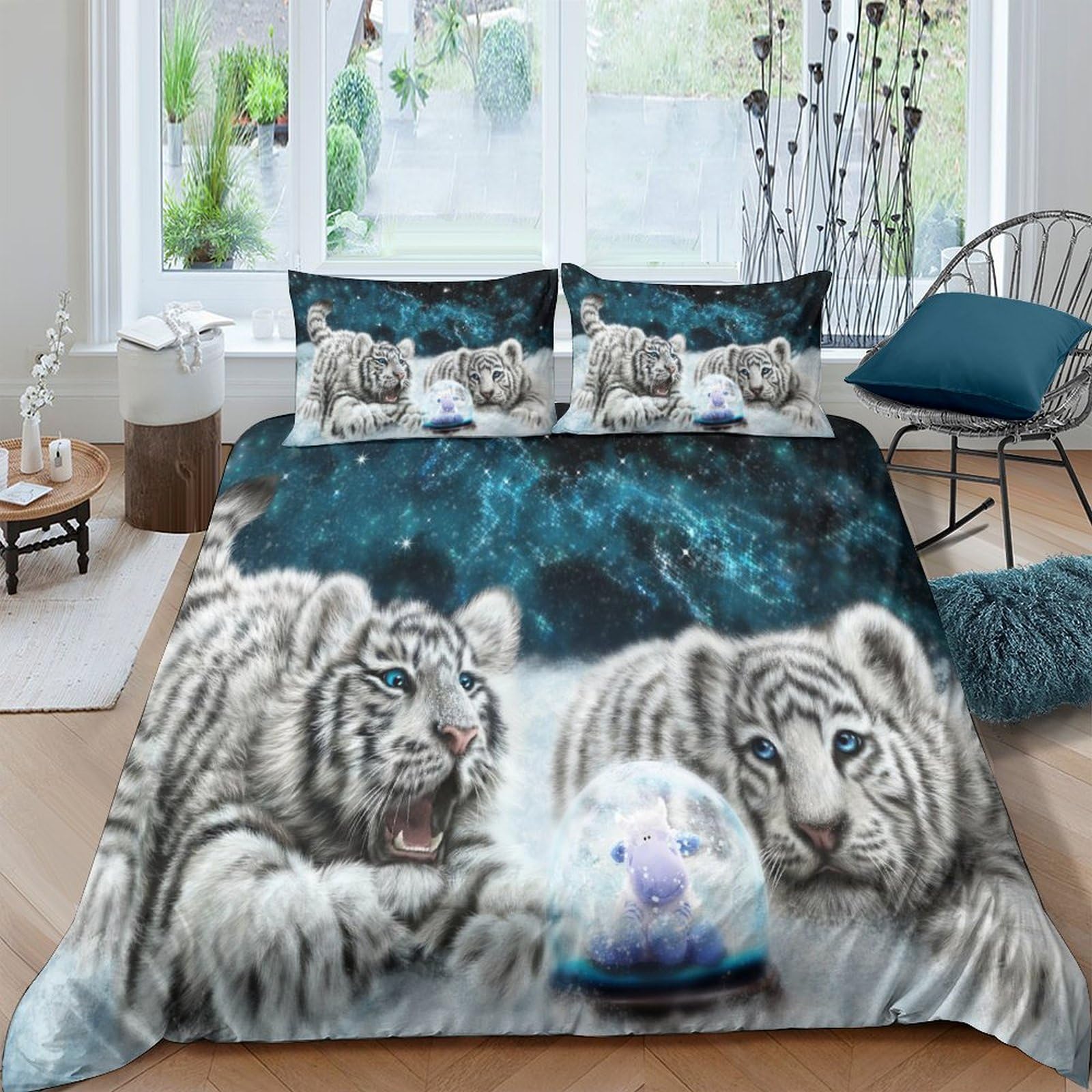 Housse de couette tigre blanc microfibre hypoallergénique parure de lit fermeture éclair