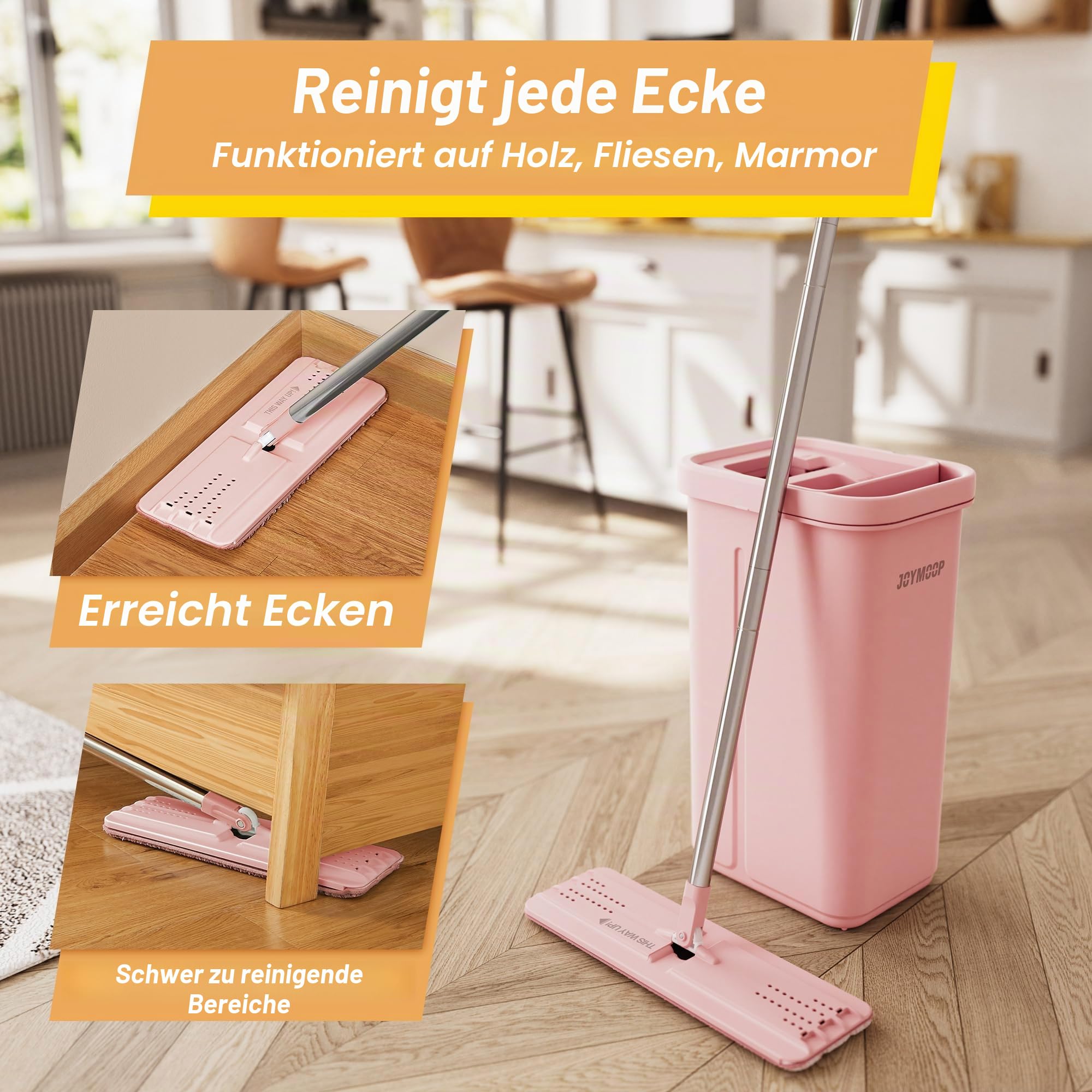 JOYMOOP Wischmopp und Eimer mit Auswringer-Set, freihändiger Flacher Bodenwischer und Eimer, 152,4 cm Wischmopp mit 3 wiederverwendbaren Mikrofaser-Pads, Nass- und Trockengebrauch
