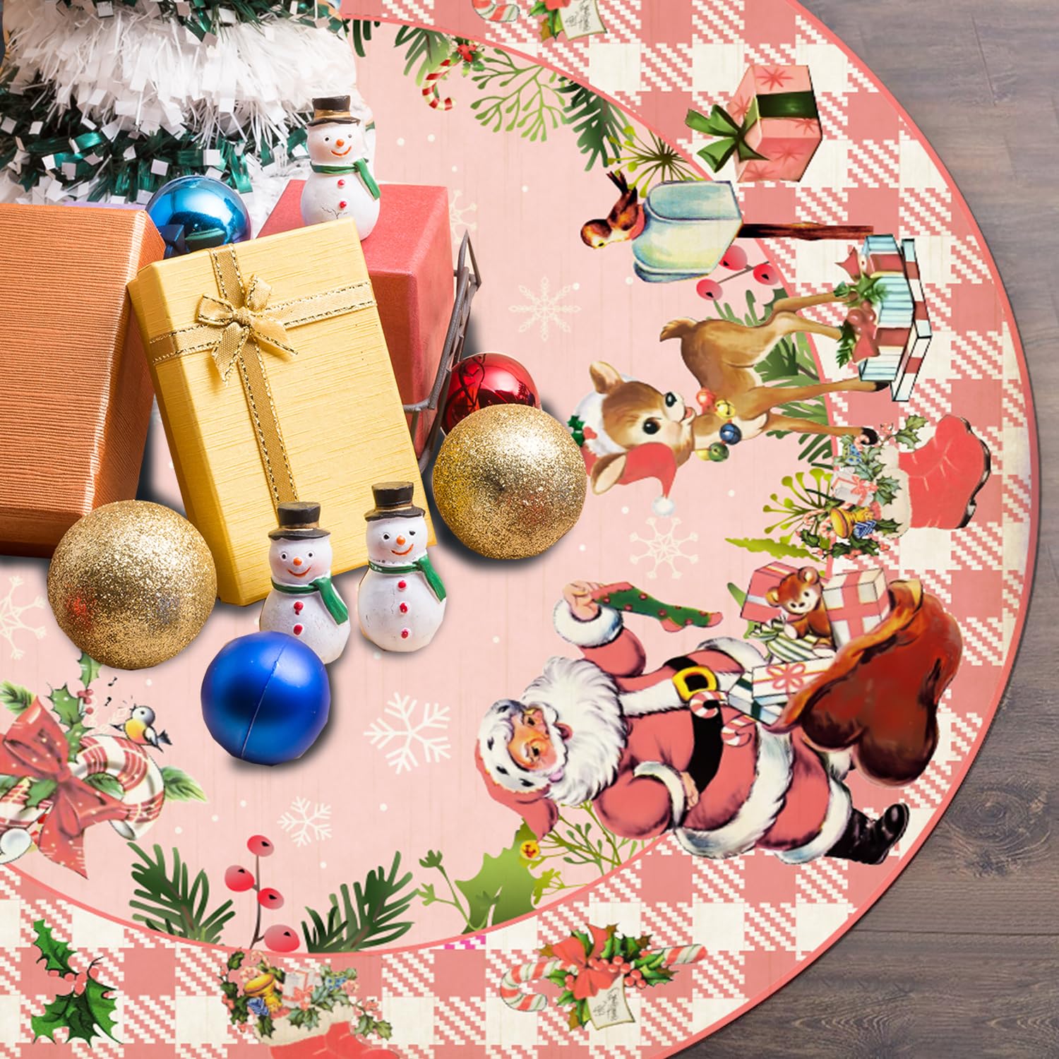 Pink Christmas Decorations Vintage Christmas Tree Skirt Merry Xmas Santa Tree Skirt Collar Mat with Snowflake Design for Holiday Party Decorations