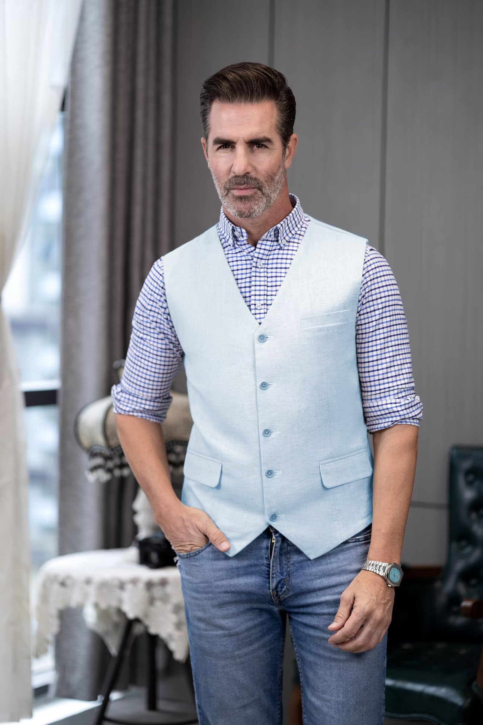 Gilet estivo da uomo, vestibilità normale, classico, per matrimoni e feste (Light Blue,M), Azzurro, M