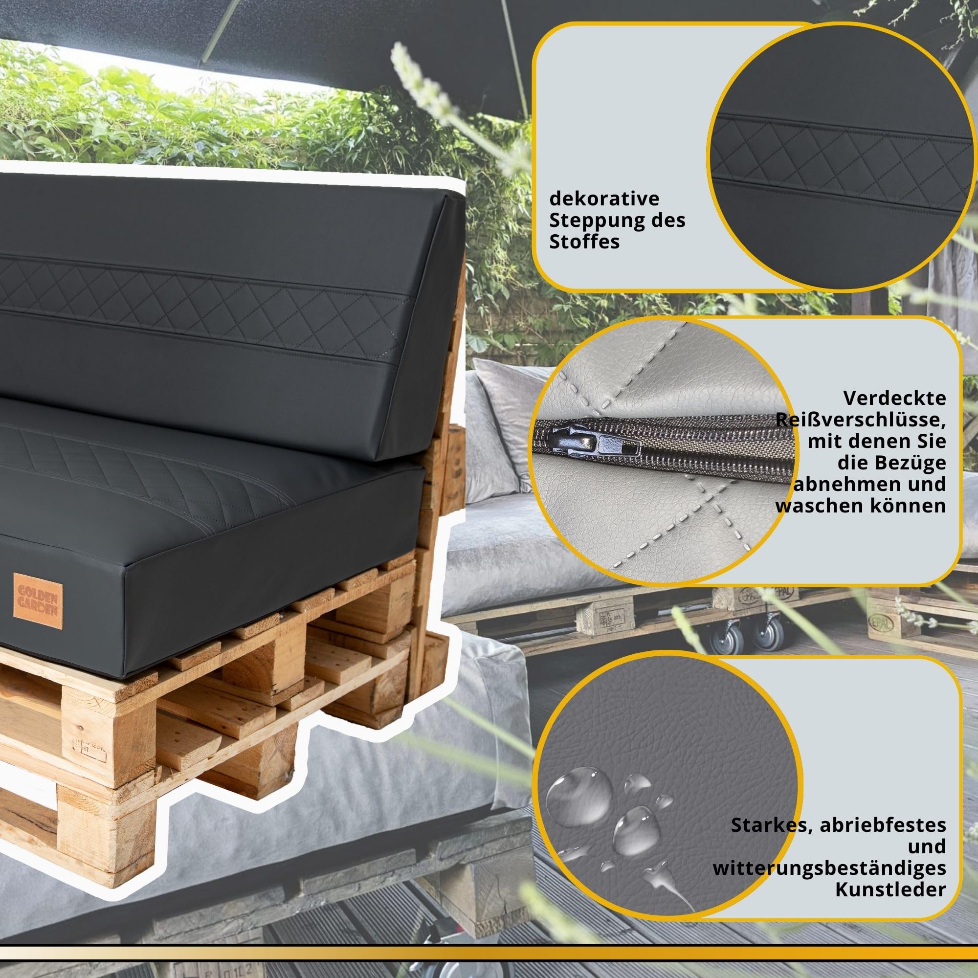 GoldenGroup Gartenset Kissen für Palettenmöbel Schwarz - Eco-Leder mit gestepptem Einsatz Sofakissen - Polster Hartschaum - Sitzkissen 120cm x 80cm x 10cm & 120cm x 40cm x 10/20cm Rückenkissen