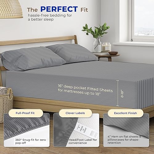 Miniatura 4 de THREAD SPREAD Hotel Collection - Juego de sábanas de 600 hilos de algodón egipcio, satinado, 4 piezas, Algodón, Gris oscuro - Rayas, gemelo
