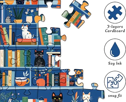 Miniatura 4 de Rompecabezas de estantería de gatos para adultos, 1000 piezas, rompecabezas de libro de gatito, con temática de gatitos, rompecabezas botánico
