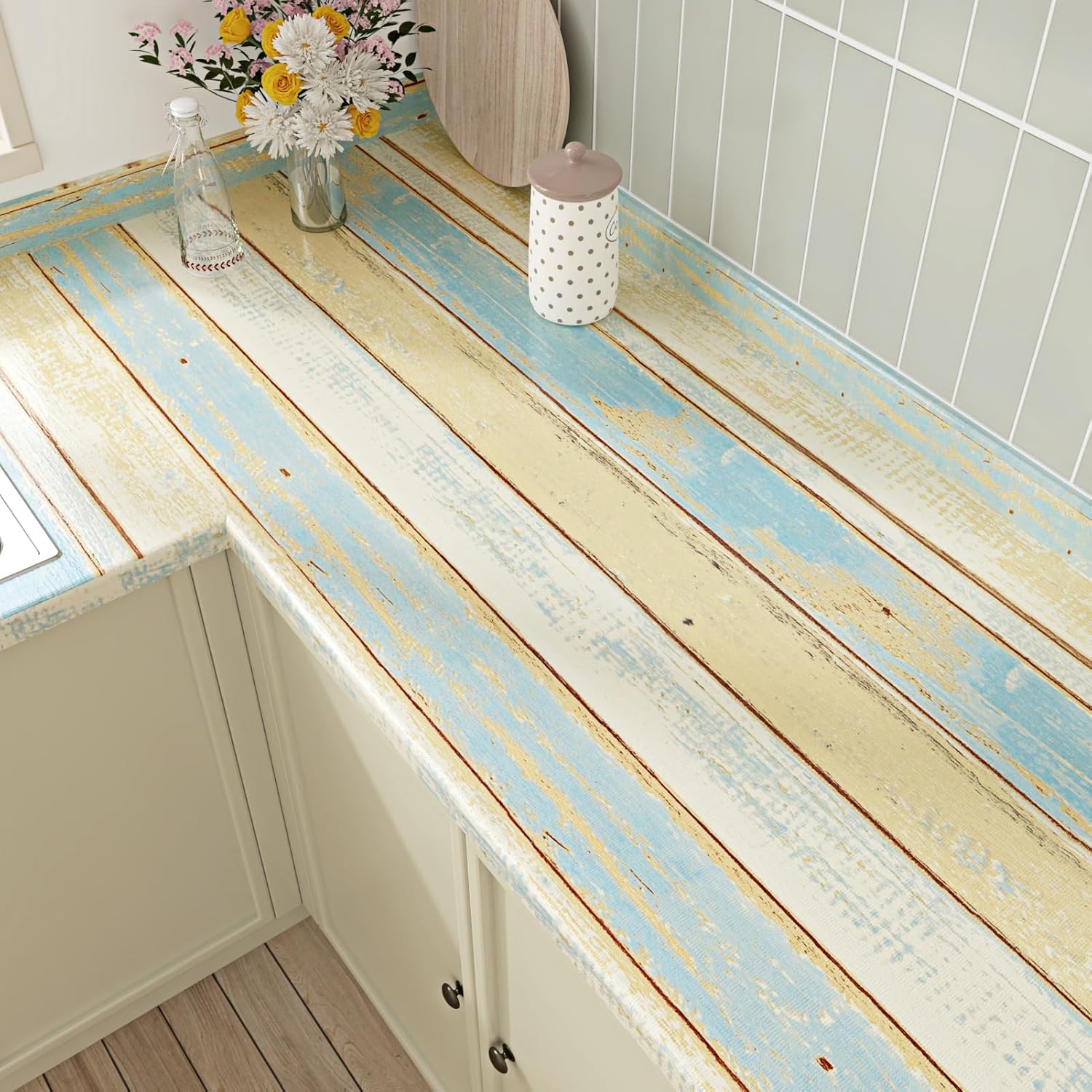 Orange Blue Wood Contact Paper Peel and Stick Countertops 15.7"×78.7" Vintage Shiplap Peel and Stick Wallpaper Wood Grain Waterproof Contact Paper for Cabinet Vinyl Wrap Table Self Adhesive