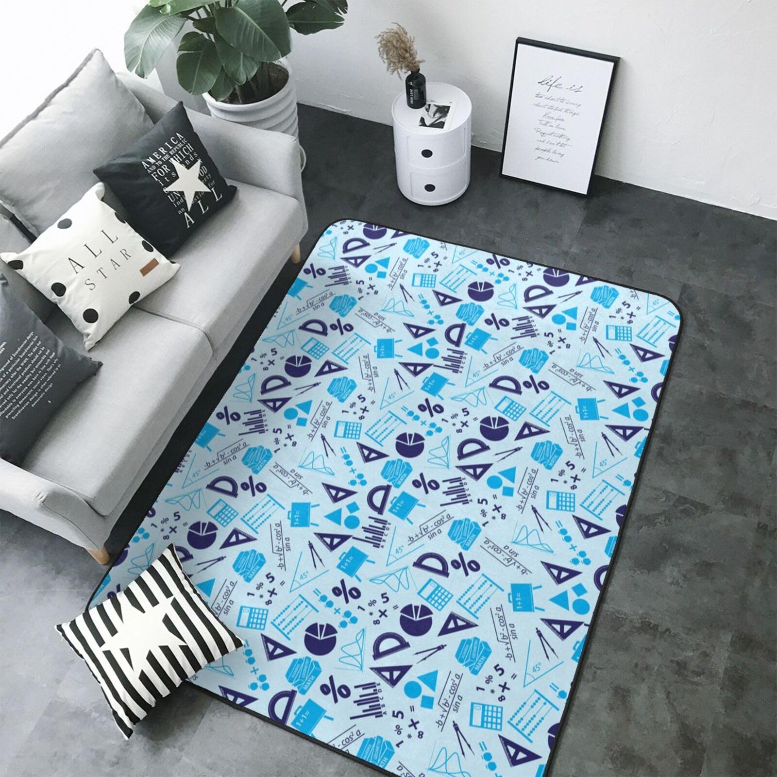 Tapis doux lavable pour salon et chambre motif mathématiques bleu 203x147 cm