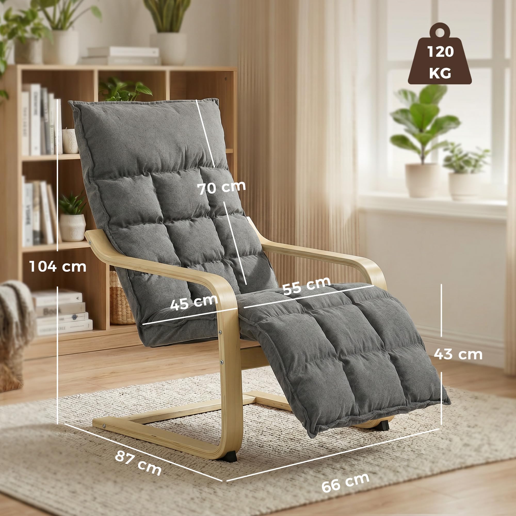 HOMCOM Sillón de Salón con Reposapiés Balanceo Suave, Respaldo Alto Gris