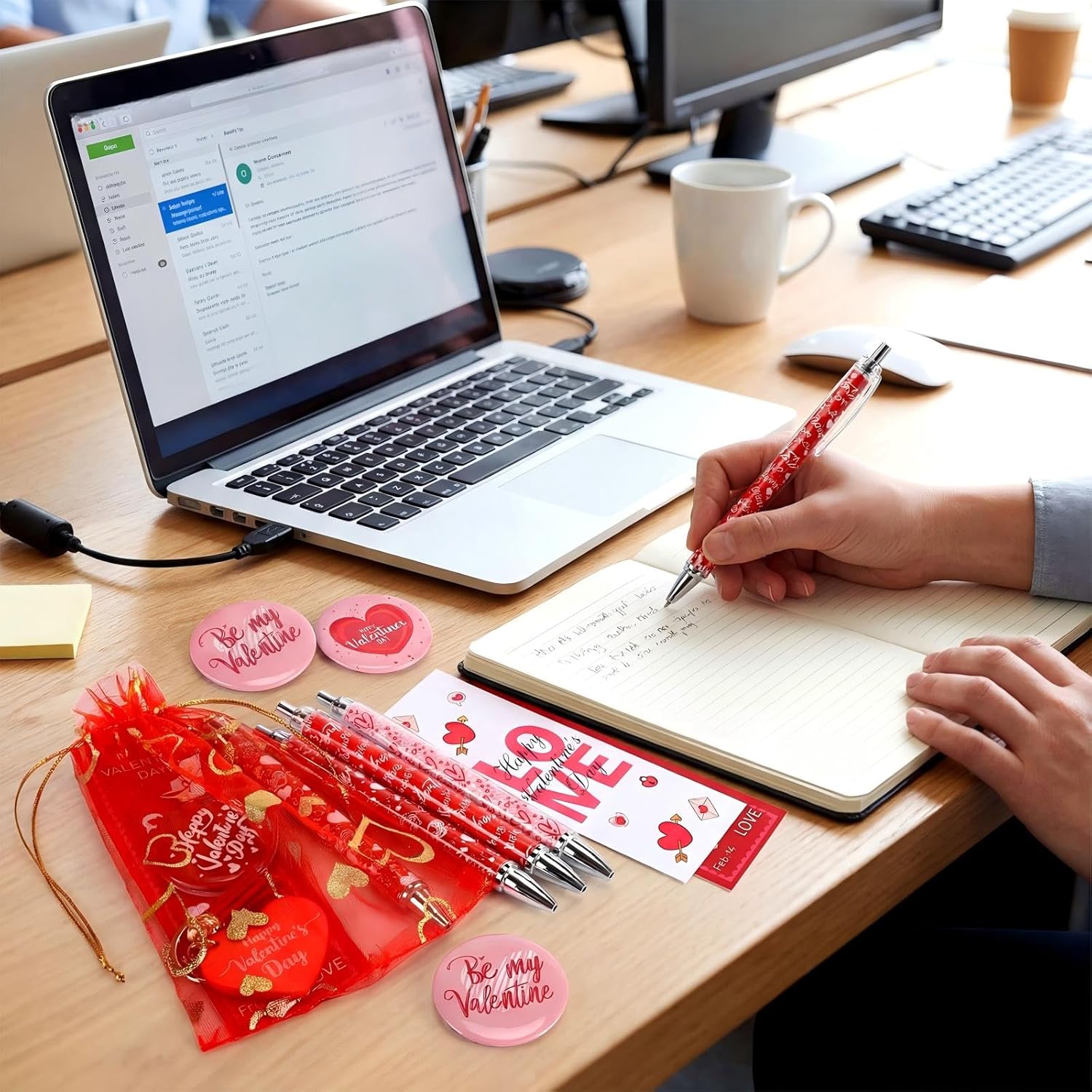 120 Pcs Valentines Day Gifts Bulk for Coworkers Classroom Heart Love Ballpoint Pens Pins Keychains Cards with Bags for Adult Valentines Party Favors Exchange Office Supplies, 24 Sets