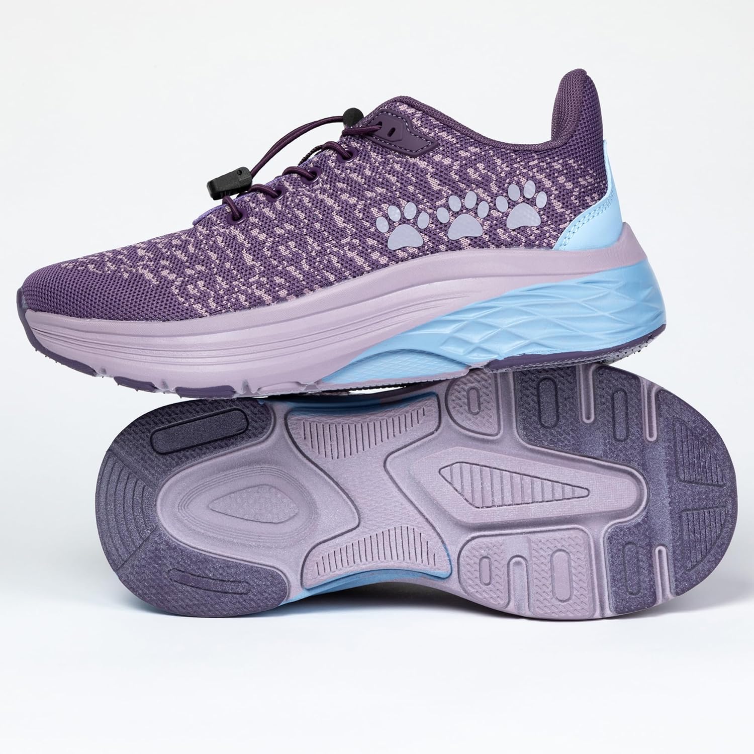 Purple Paw Print Cushioned Supportive Walking Slide in Shoes with Bungee Laces Shock Absorbing Sole for Women