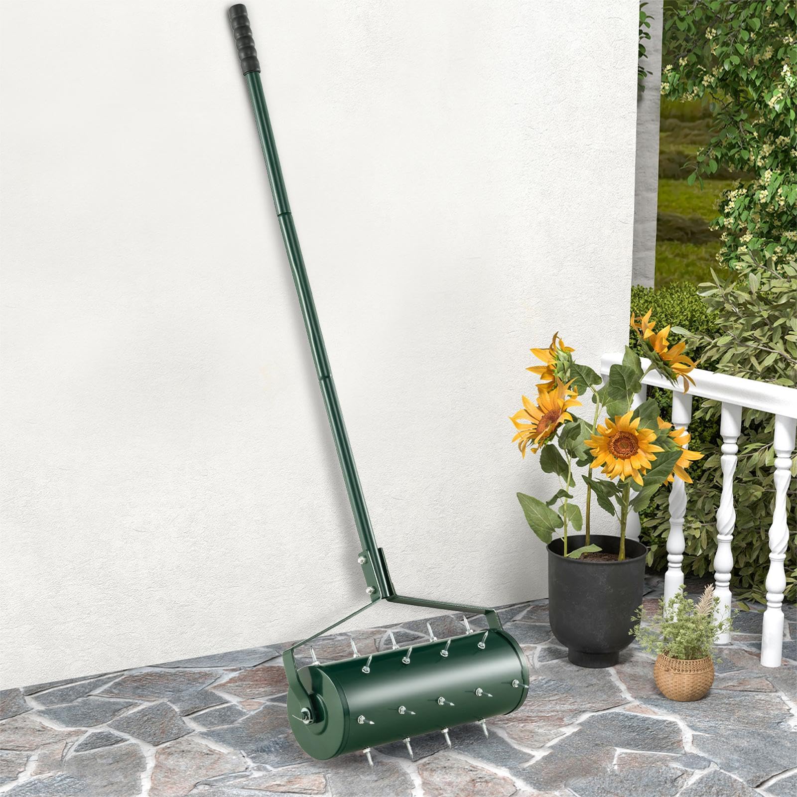 Aireador manual de césped, rodillo de césped resistente, 43/53 cm con tambor relleno de arena y mango desmontable de 130 cm, herramienta de estacas de jardín para tierra y césped