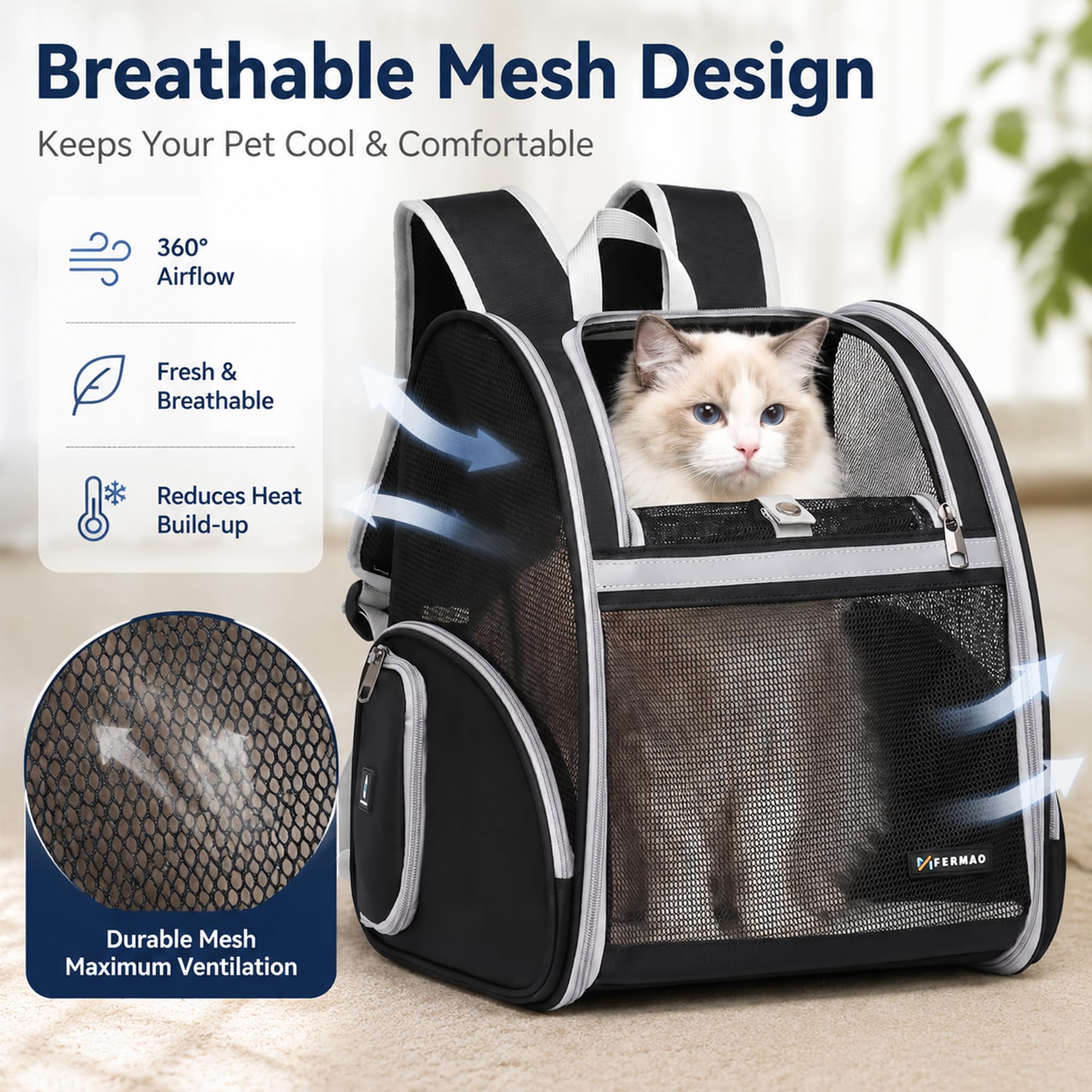 Sac à dos de transport pour chiens et chats, sac à dos portable pliable idéal pour la randonnée, le camping en plein air, le transport vétérinaire, peut contenir des animaux jusqu'à 6,8 kg (noir)