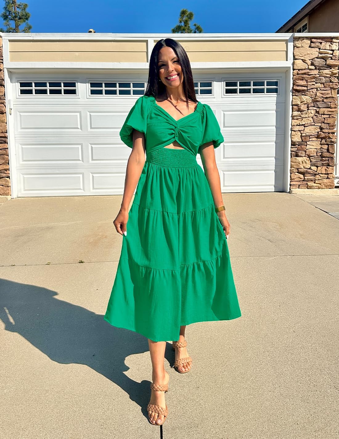 ZESICA Womens Summer Casual Flowy Vacation Maxi Dress 2026 Short Puff Sleeve A Line Smocked Cutout Beach Party Dresses - Image 7