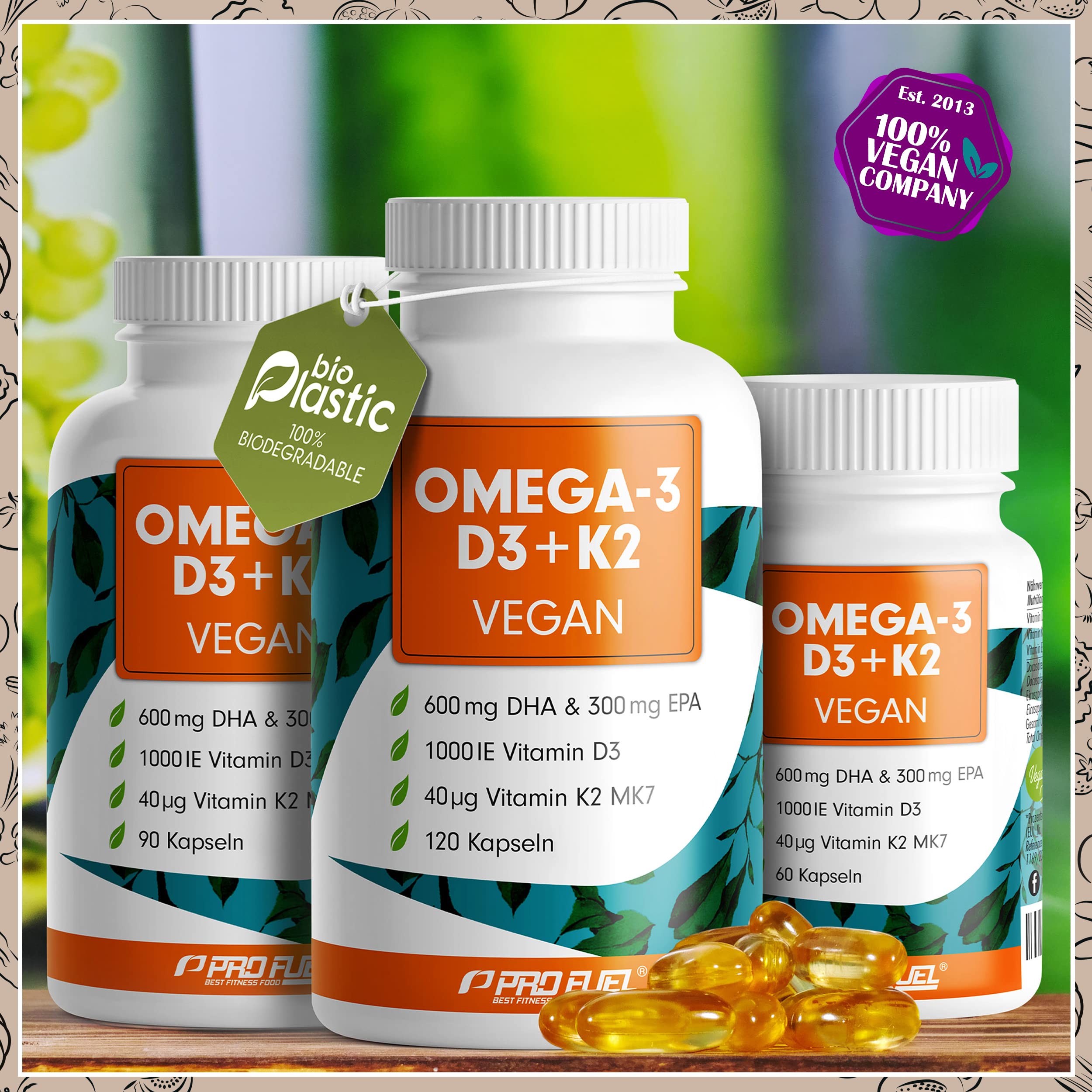 Omega-3 vegan + D3 & K2 (60x), 1100mg Algenöl mit 600mg DHA & 300mg EPA + 1000 IE Vitamin D3 + 40 µg Vitamin K2 - O3 D3 K2 vegan Essentials - Omega-3 Kapseln laborgeprüft mit Zertifikat