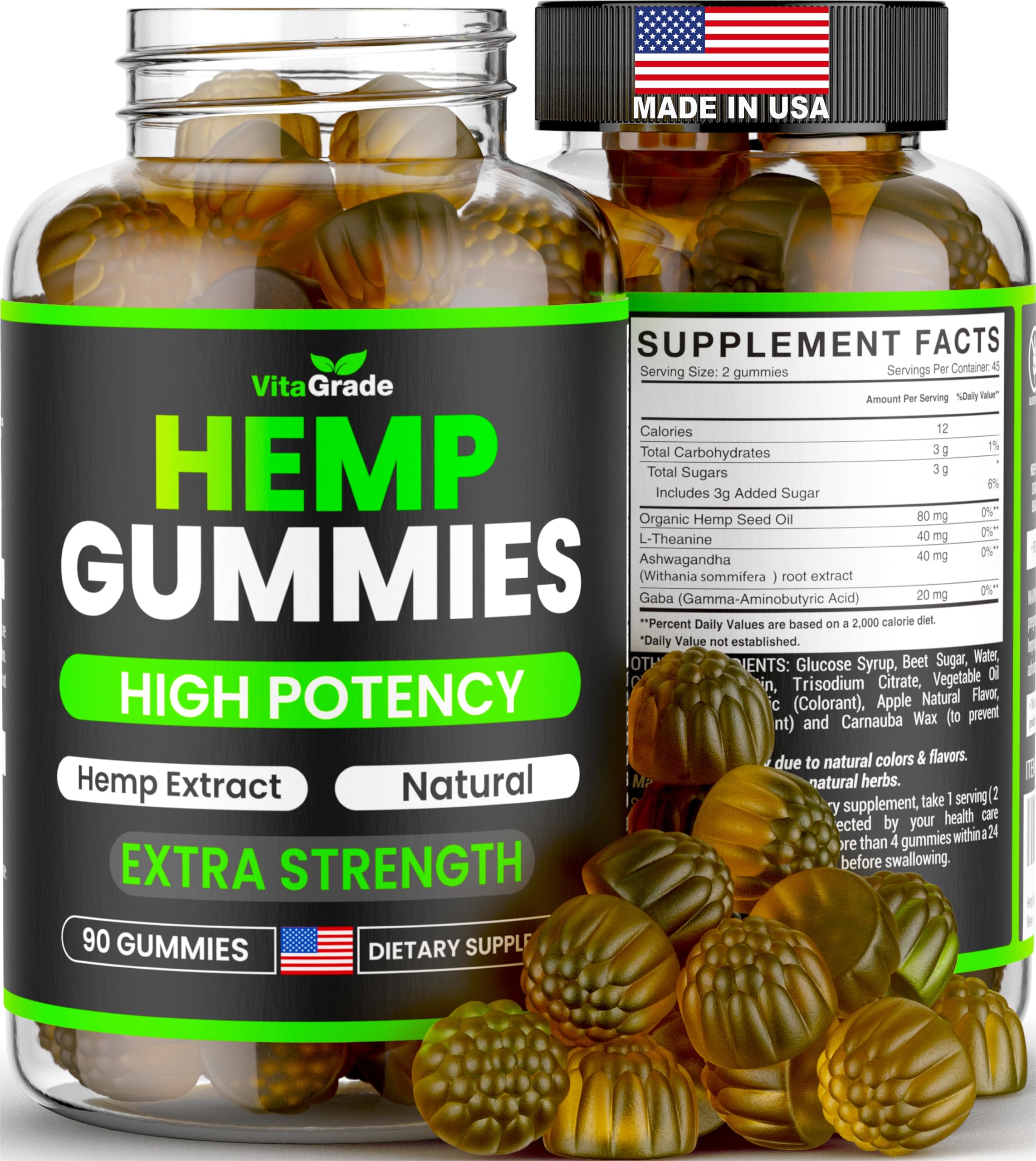 Hemp Gummies - Extra Strength for Peace & Relaxation - Infused with Pure Hemp Oil, Ashwagandha, L-Theanine - Tasty Relaxation Supplement - Natural Relief - 90 Ct - Made in USA - Green Apple Flavor