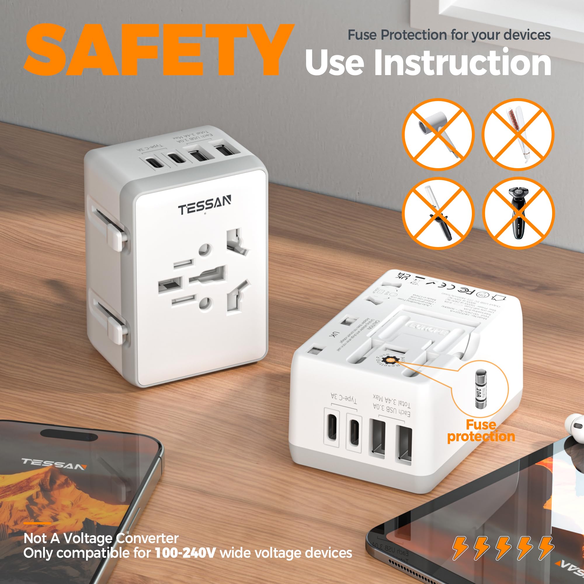 TESSAN Universal Travel Adapter with 2 USB C and 2 USB A, International Travel Plug UK to World, Worldwide Essentials Plug Adaptor for Multi Countries EU, USA, UK, AUS, Japan, Thailand, Vietnam — view 6