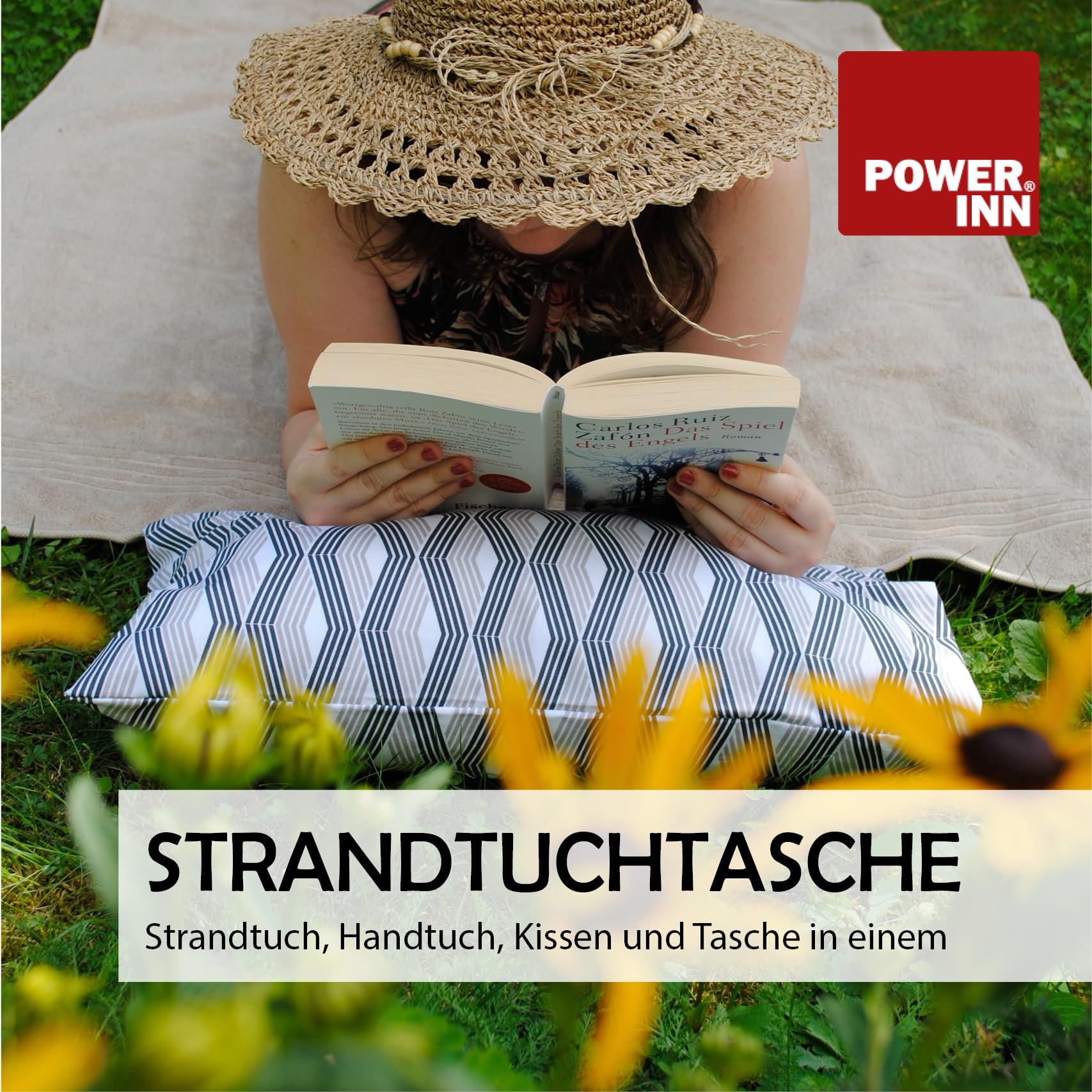Strandtuchtasche ca. 95x178cm | Liegehandtuch 3in1 mit integriertem Kissen und Tasche | großes Badetuch (Anthrazit mit grau/schwarzem grafischen Muster)