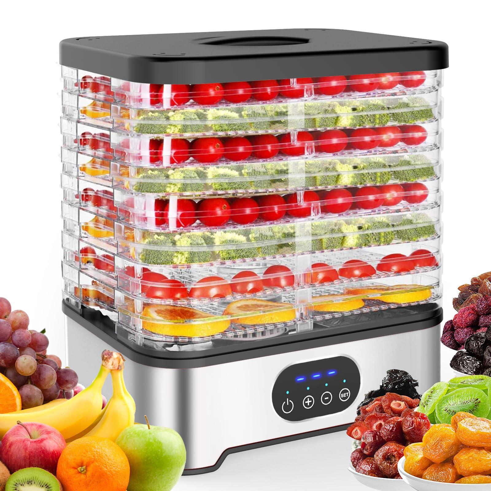 Deshidratador alimentario 400 W, 8 bandejas ajustables, 42 – 70 °C, temporizador 72 H | Sin BPA,Silencioso y Compacto,Deshidratador de alimentos para frutas, verduras, hierbas y carne