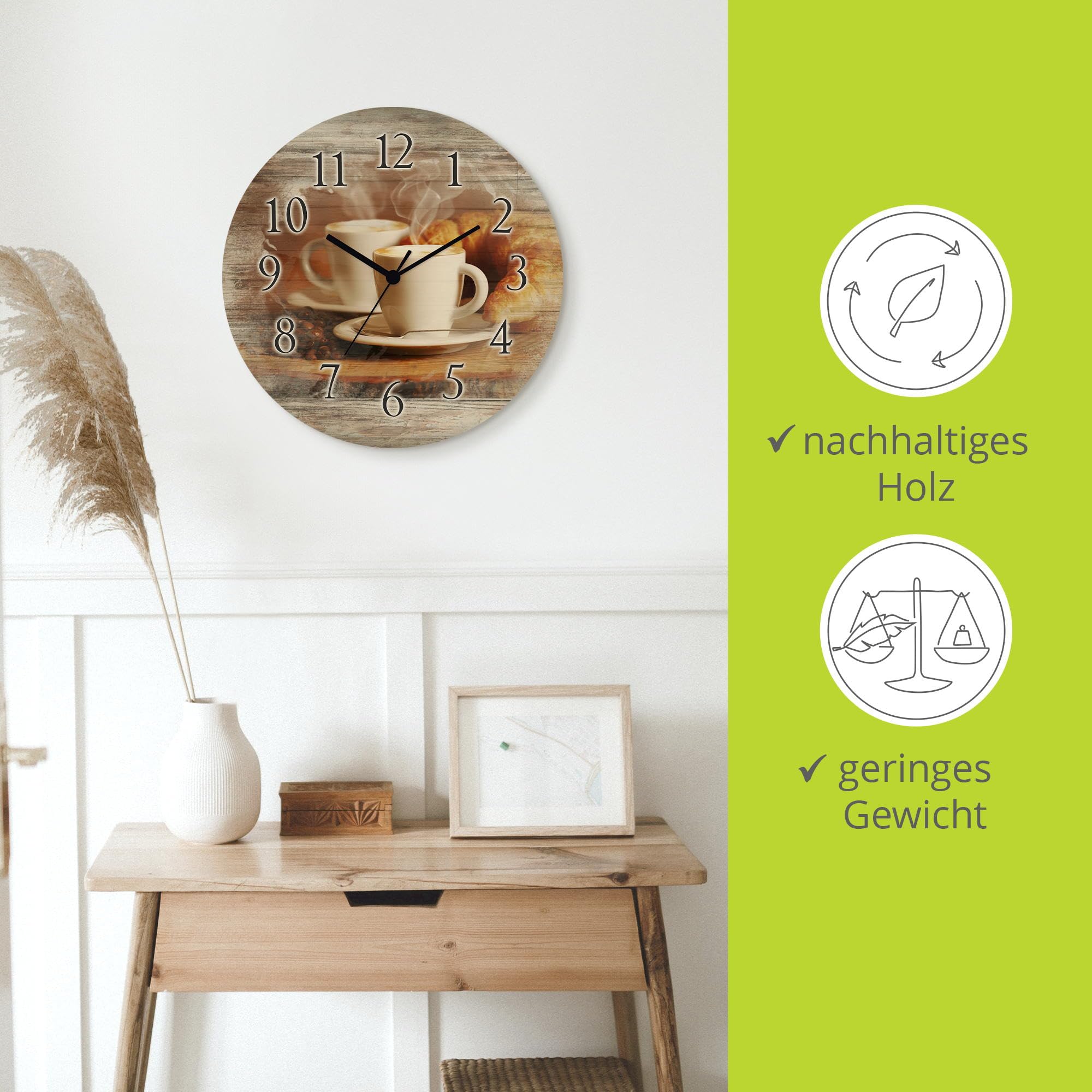 ARTLAND Wanddeko Wanduhr Holz Funkuhr ohne Tickgeräusche lautlos rund Ø 30 cm Küchenuhr Kaffee Cappuccino Croissant T5XO