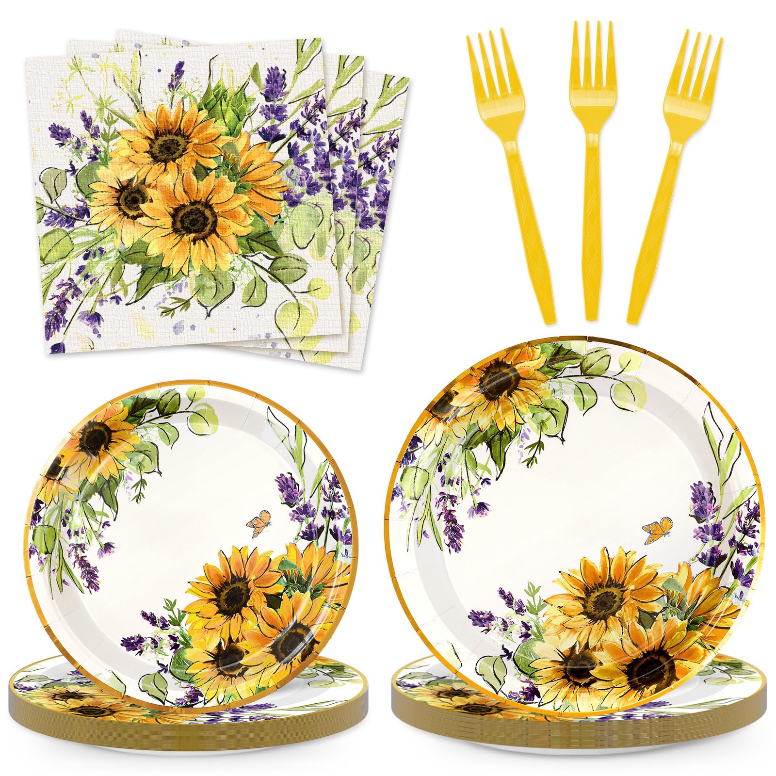 Sunflower Party Supplies Kit Serves 24 Watercolor Floral Paper Plates Napkins Disposable Plastic Forks for Summer Baby Shower Birthday, 7 inch, 9 inch