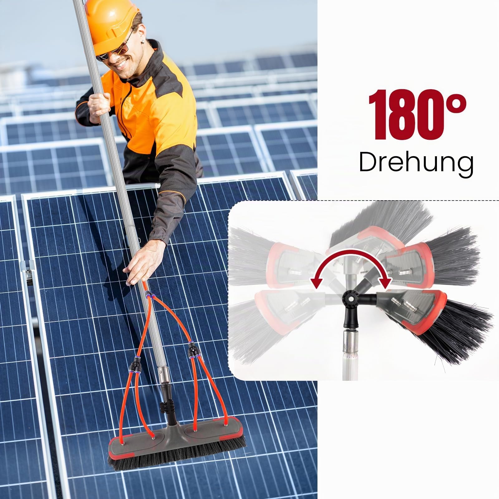 7m Aluminium-Teleskop-Reinigungsbürste mit Wasserschlauch für Solarpanele, Terrassendächer & Fenster, 180° verstellbarer Bürstenkopf, langlebig & platzsparend