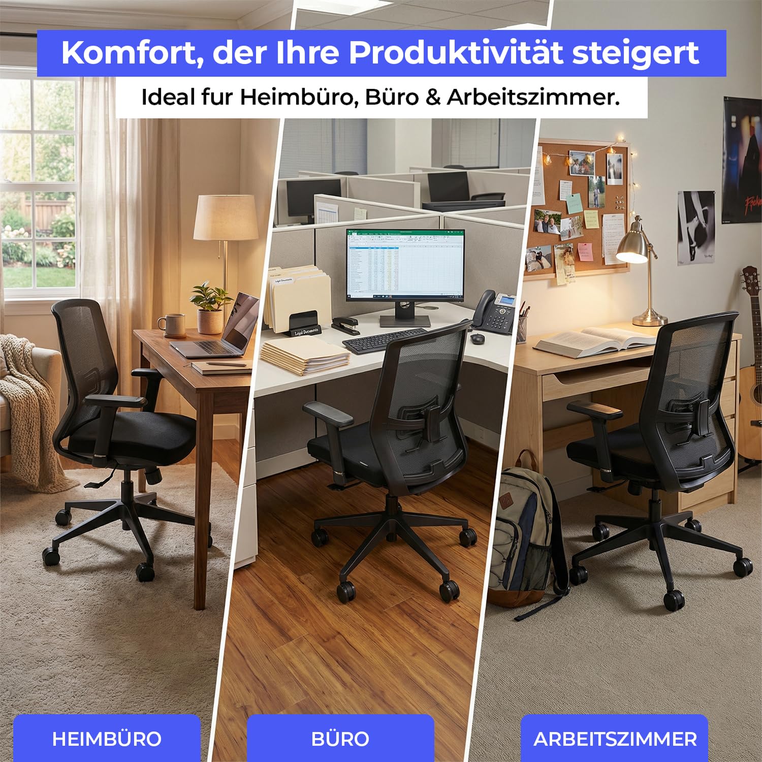 Stane Ergonomischer Bürostuhl für gesunde Sitzhaltung – Schwarz | Verfügt über leichtgängige Rollen und eine Feder für flexible Mobilität