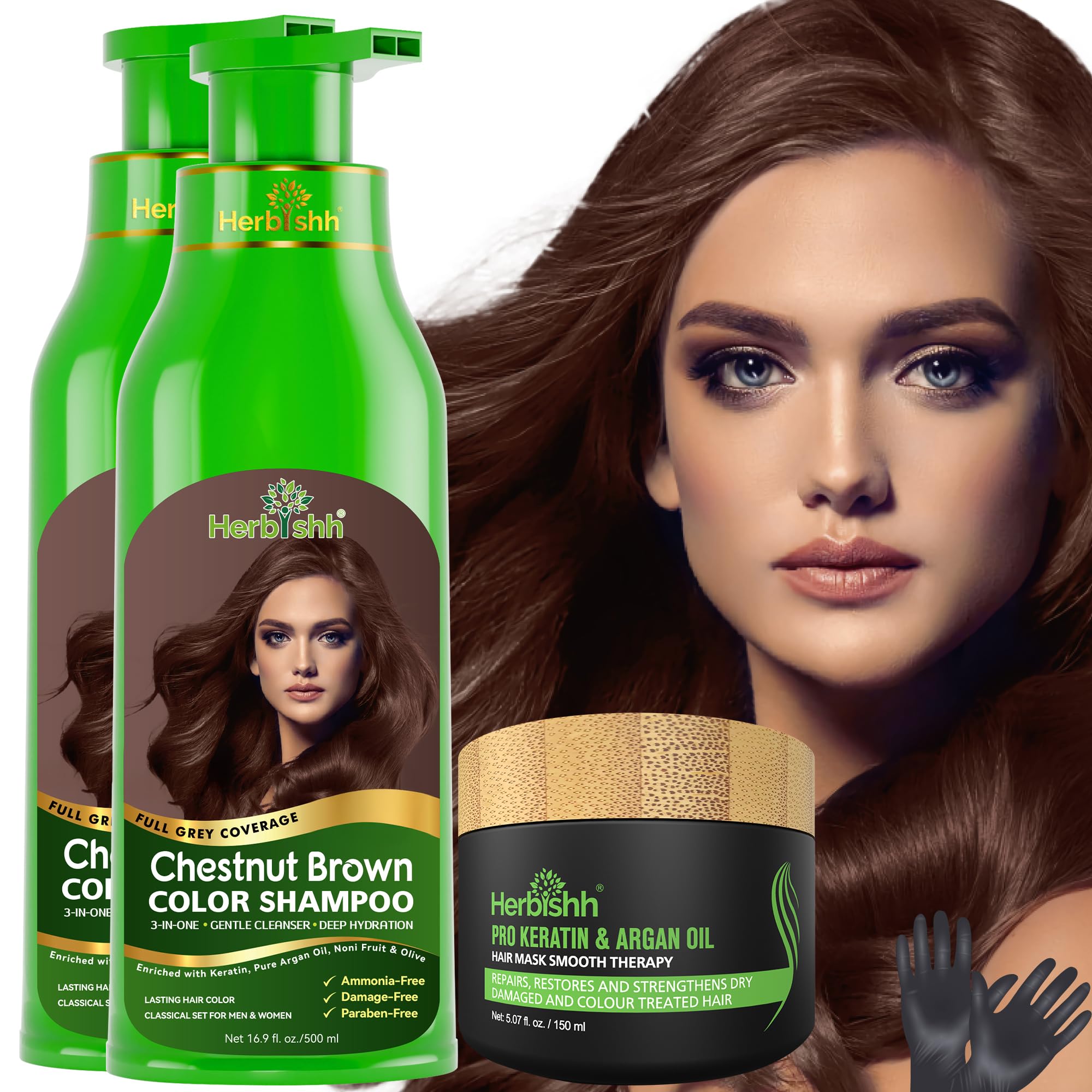 Herbishh Ultimate Haarfärbeshampoo Kit (2 Stück + Argan Haarmaske) für Graues Haar - Permanente Färbung für Männer und Frauen - Langanhaltend (Kastanienbraun)