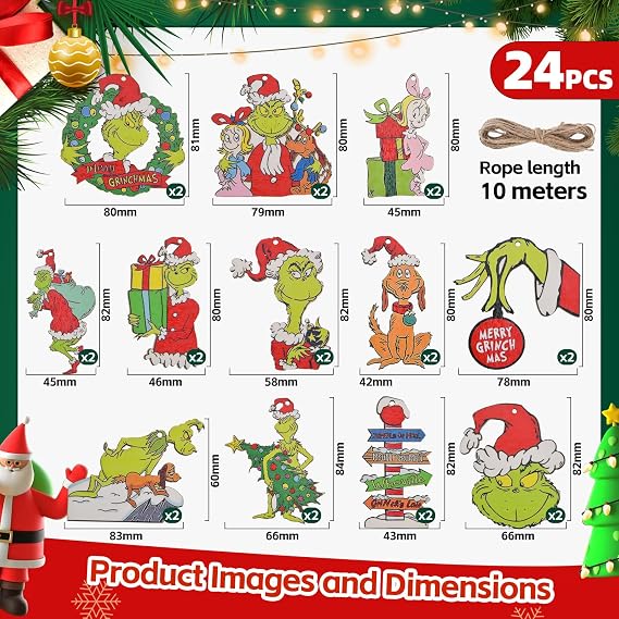 Wooden Hanging Ornaments - 24 Pcs Christmas Tree Decorations for Indoors Craft Home Decor Party Supplies