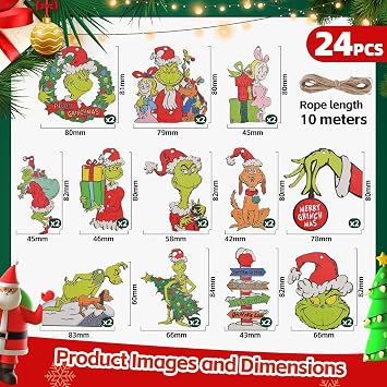Wooden Hanging Ornaments - 24 Pcs Christmas Tree Decorations for Indoors Craft Home Decor Party Supplies